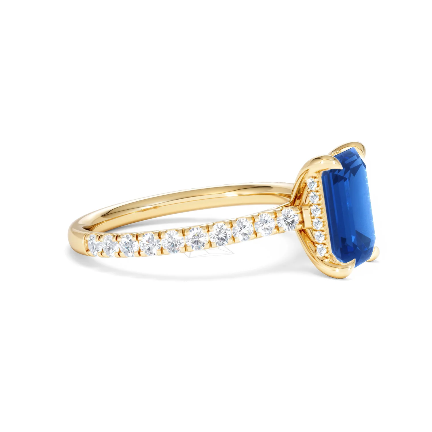 Amora 2.50ct Emerald Cut Lab Sapphire Hidden Halo Engagement Ring with Side Stones in 18K Yellow Gold - Image 23
