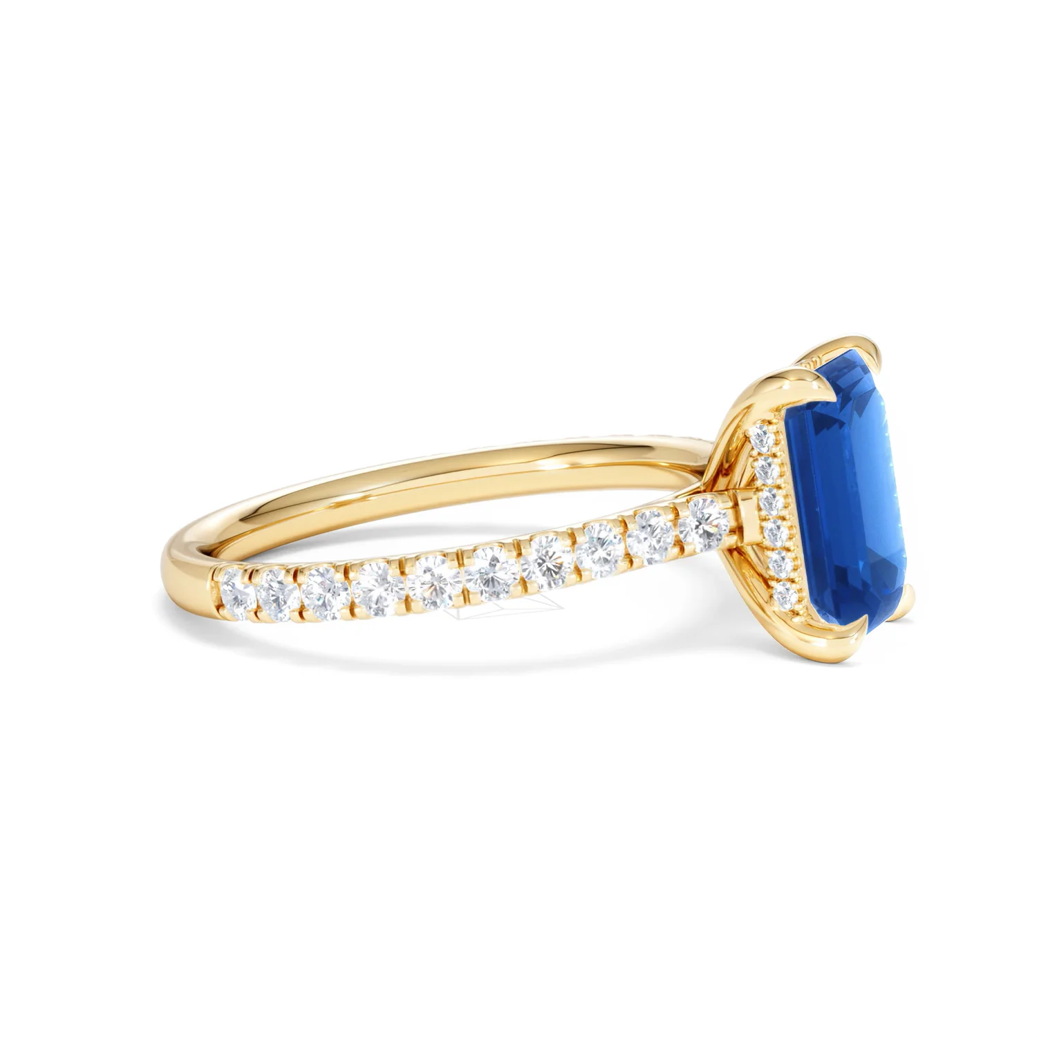 Amora 2.50ct Emerald Cut Lab Sapphire Hidden Halo Engagement Ring with Side Stones in 18K Yellow Gold - Image 24