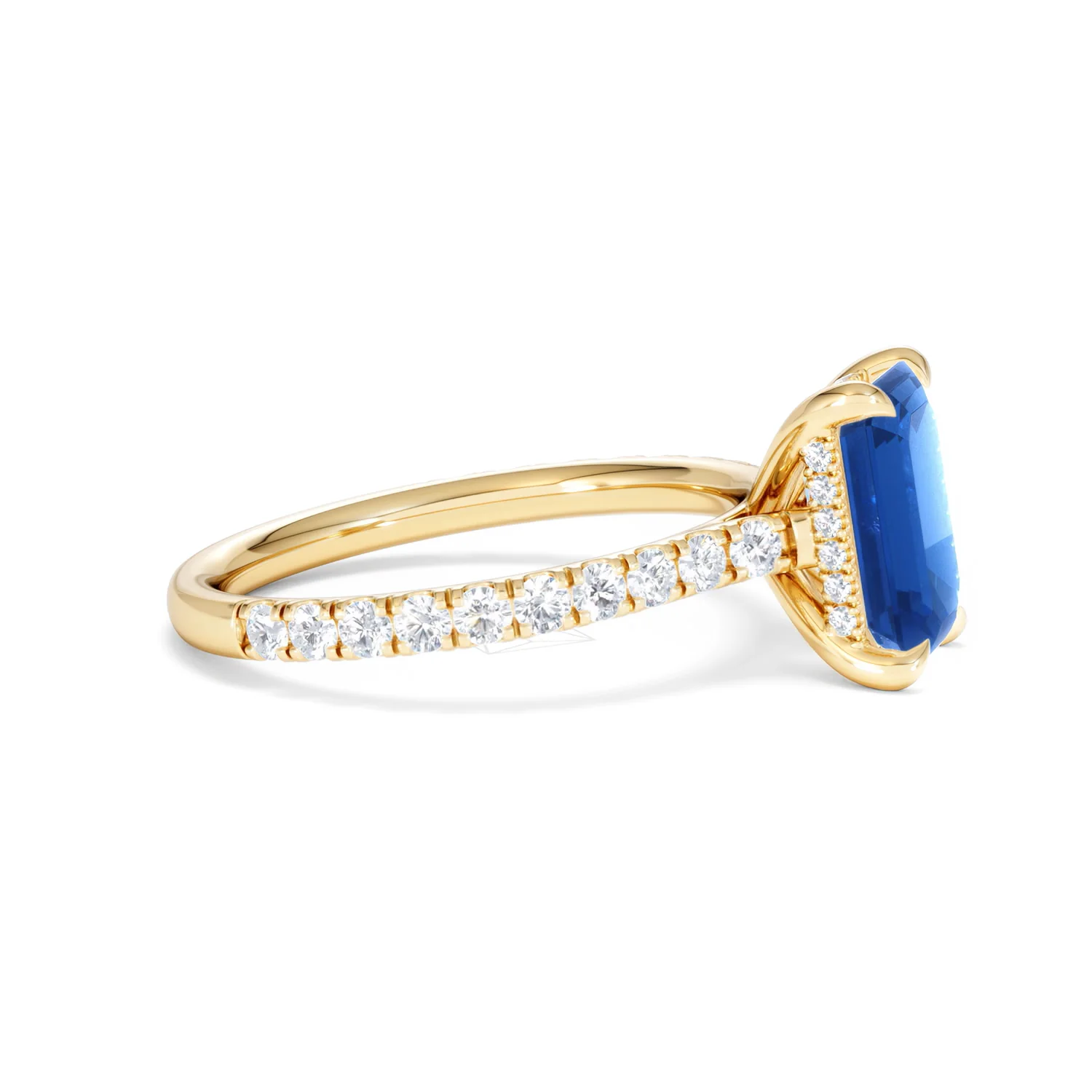 Amora 2.50ct Emerald Cut Lab Sapphire Hidden Halo Engagement Ring with Side Stones in 18K Yellow Gold - Image 25