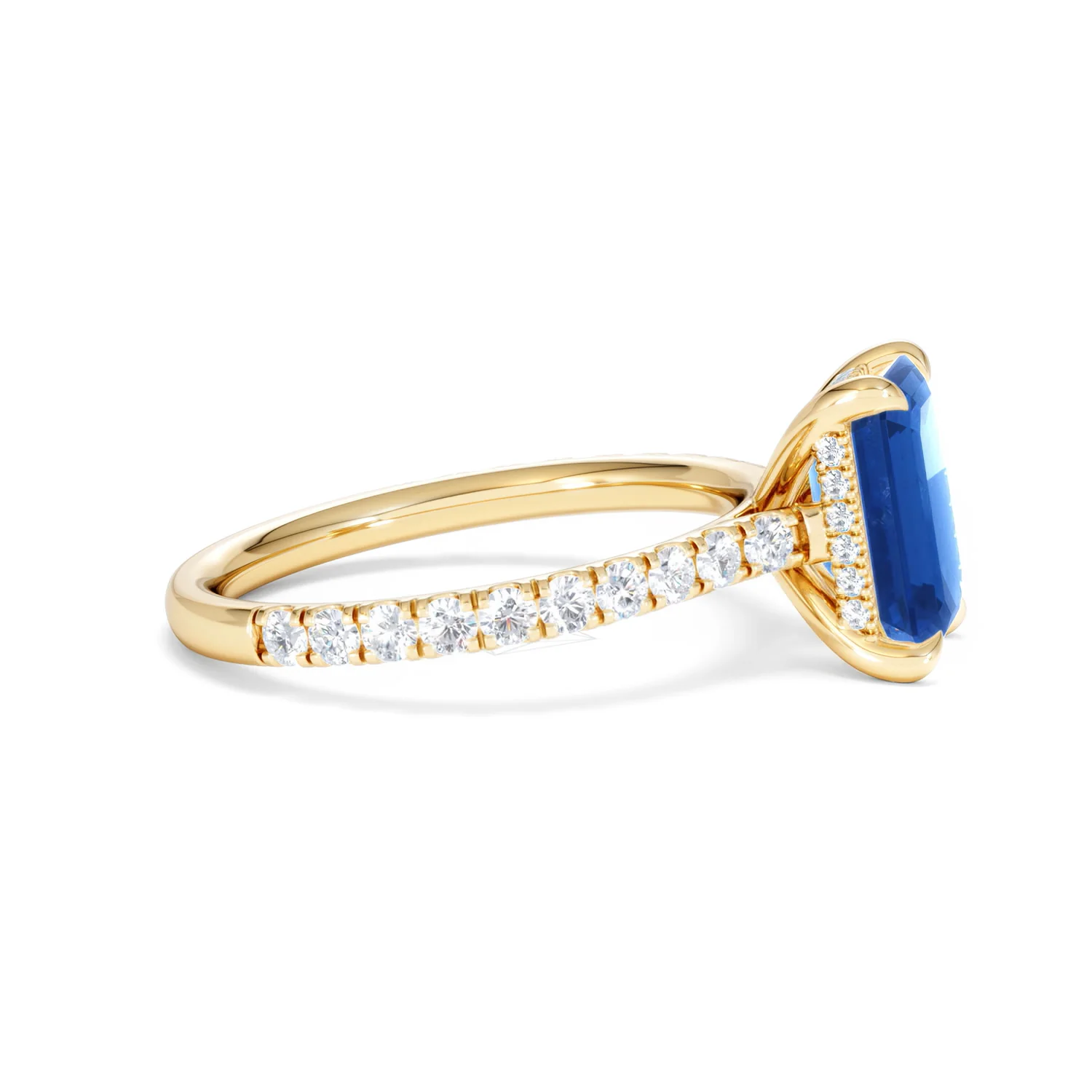 Amora 2.50ct Emerald Cut Lab Sapphire Hidden Halo Engagement Ring with Side Stones in 18K Yellow Gold - Image 26
