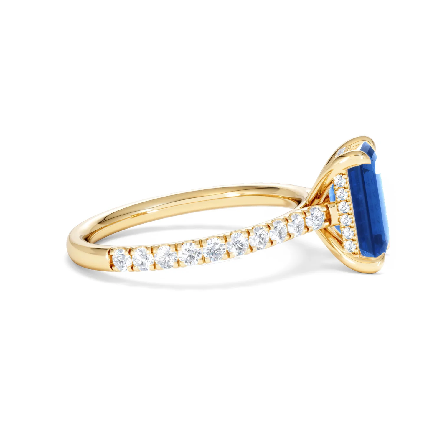 Amora 2.50ct Emerald Cut Lab Sapphire Hidden Halo Engagement Ring with Side Stones in 18K Yellow Gold - Image 27