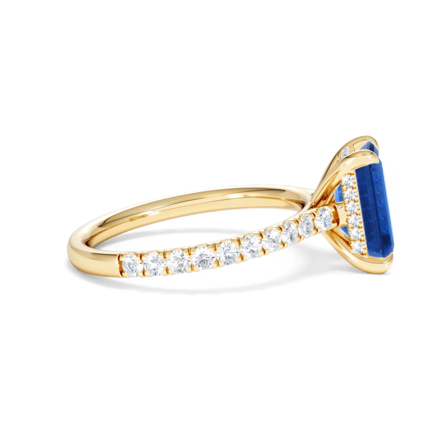 Amora 2.50ct Emerald Cut Lab Sapphire Hidden Halo Engagement Ring with Side Stones in 18K Yellow Gold - Image 28