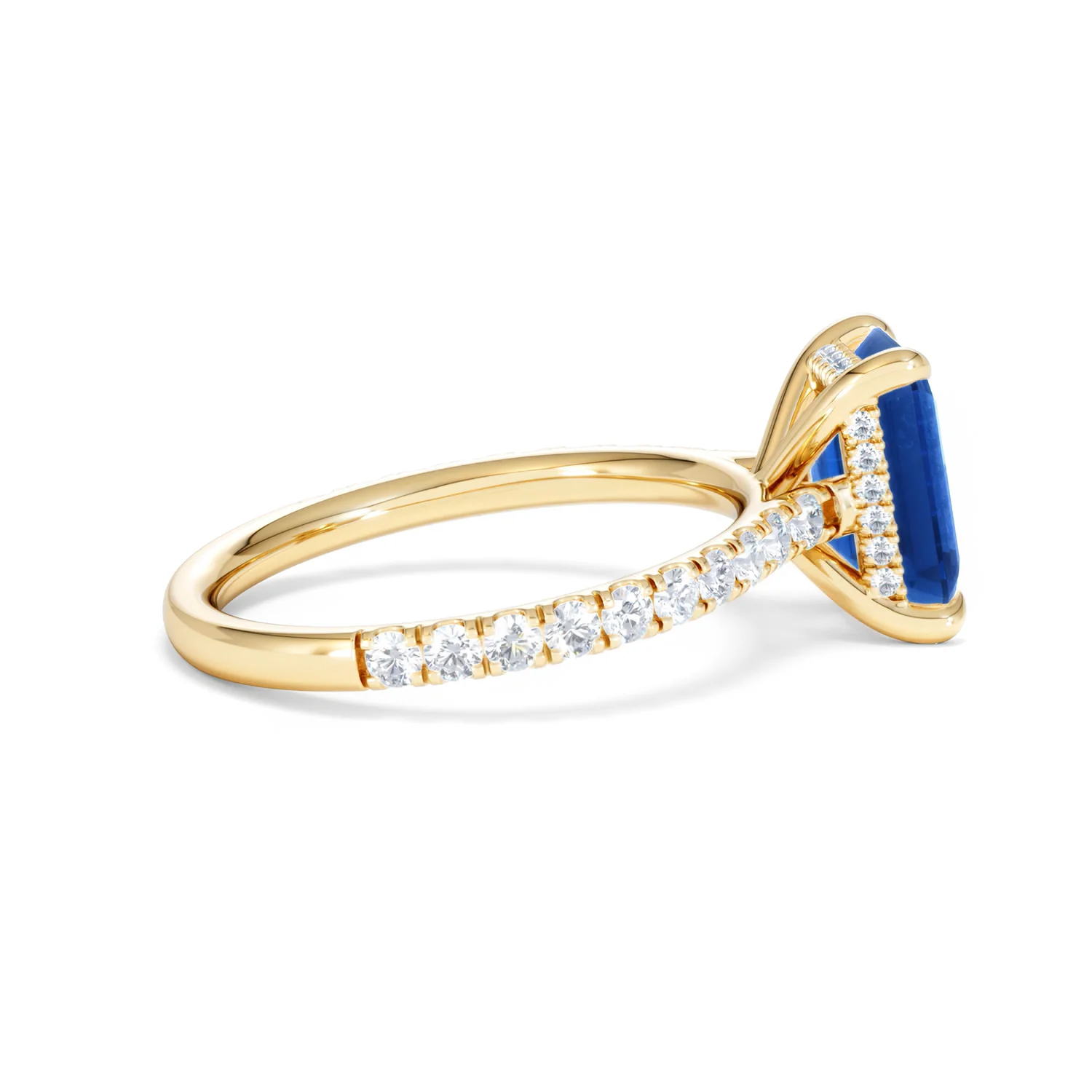Amora 2.50ct Emerald Cut Lab Sapphire Hidden Halo Engagement Ring with Side Stones in 18K Yellow Gold - Image 31