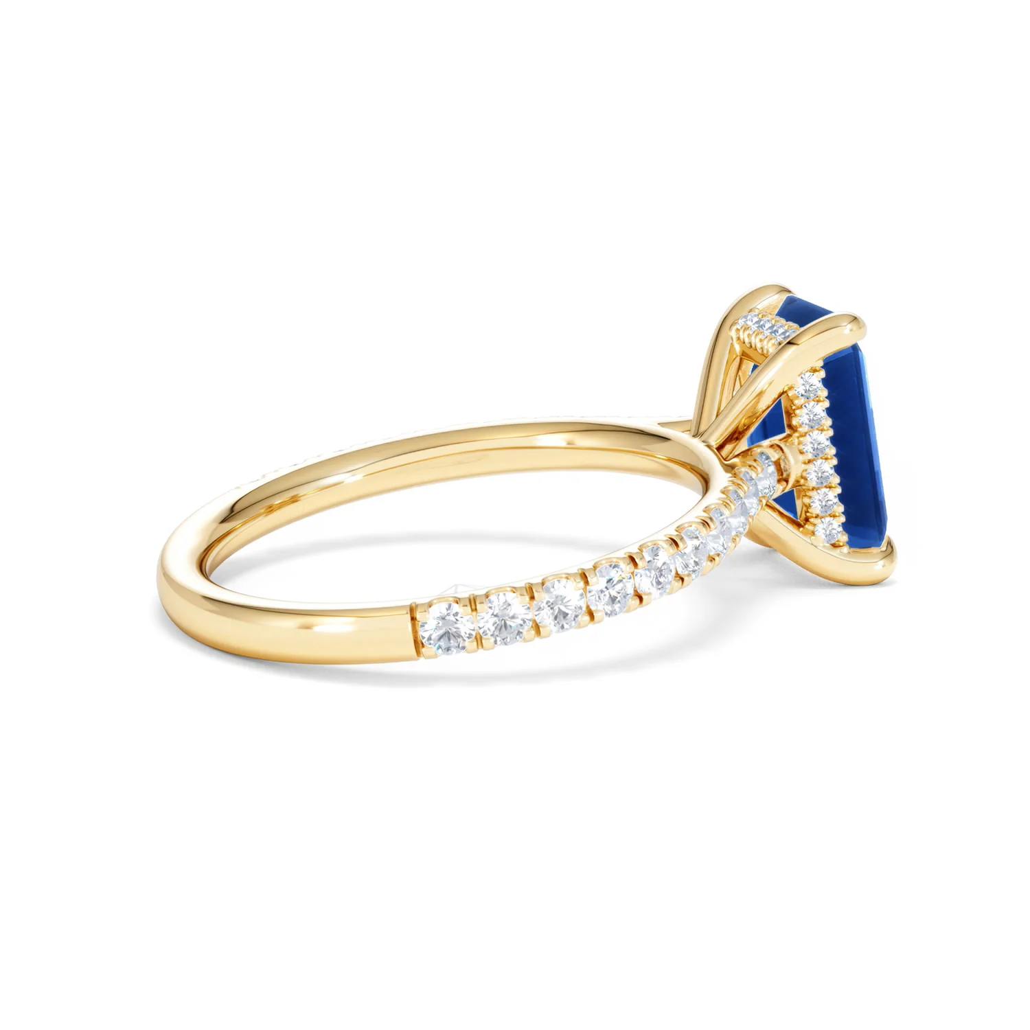 Amora 2.50ct Emerald Cut Lab Sapphire Hidden Halo Engagement Ring with Side Stones in 18K Yellow Gold - Image 34