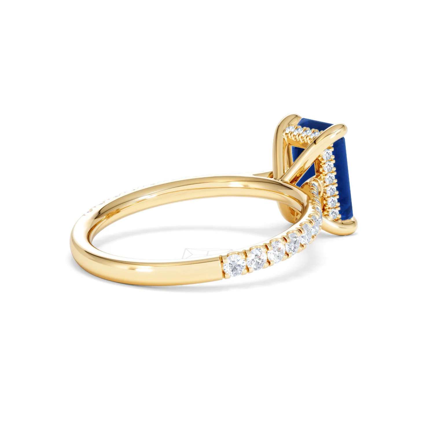 Amora 2.50ct Emerald Cut Lab Sapphire Hidden Halo Engagement Ring with Side Stones in 18K Yellow Gold - Image 38