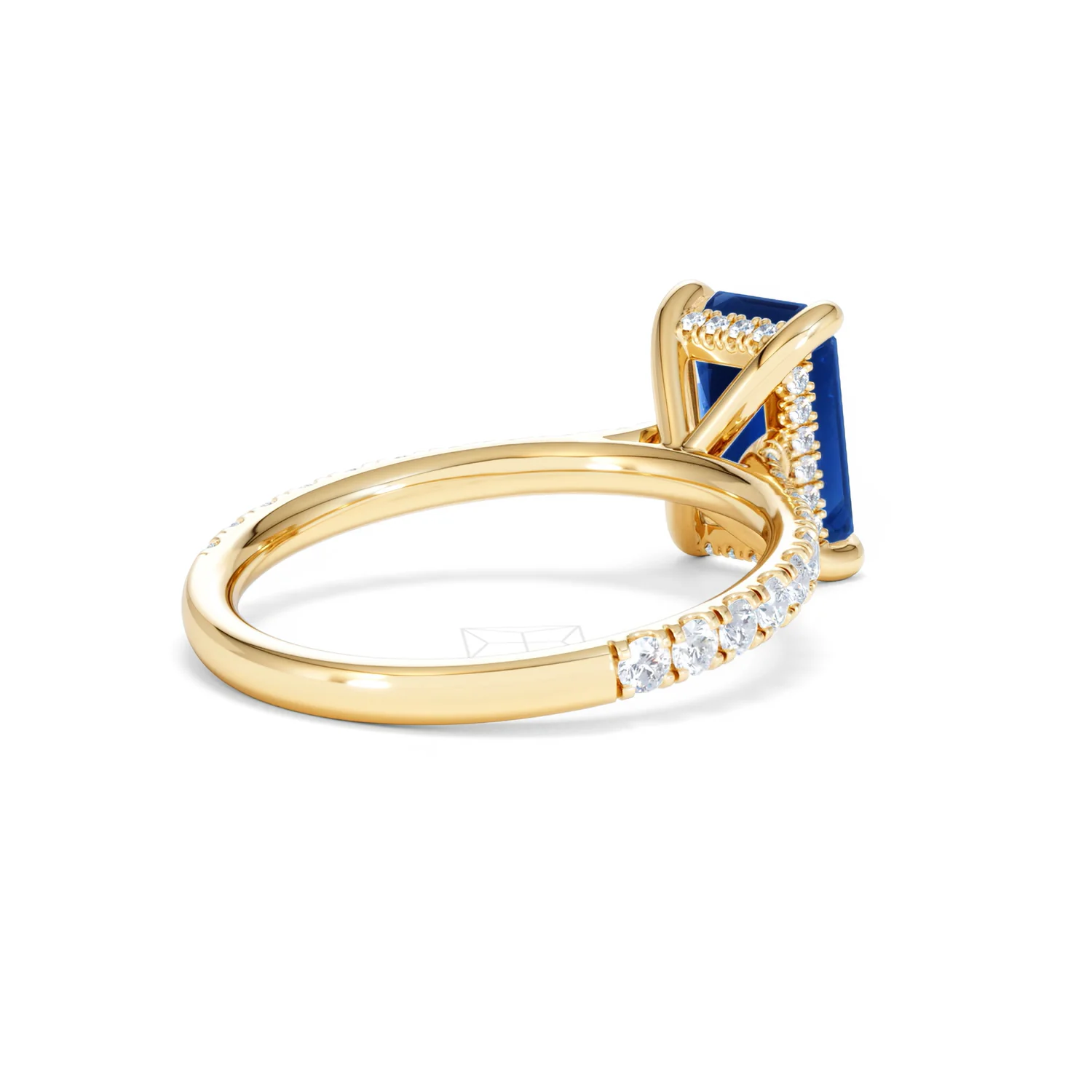 Amora 2.50ct Emerald Cut Lab Sapphire Hidden Halo Engagement Ring with Side Stones in 18K Yellow Gold - Image 40