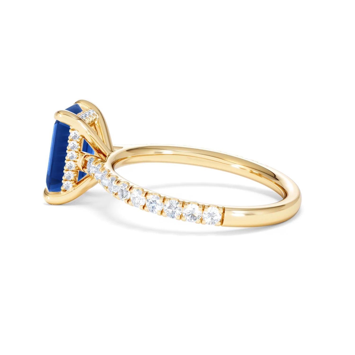 Amora 2.50ct Emerald Cut Lab Sapphire Hidden Halo Engagement Ring with Side Stones in 18K Yellow Gold - Image 65