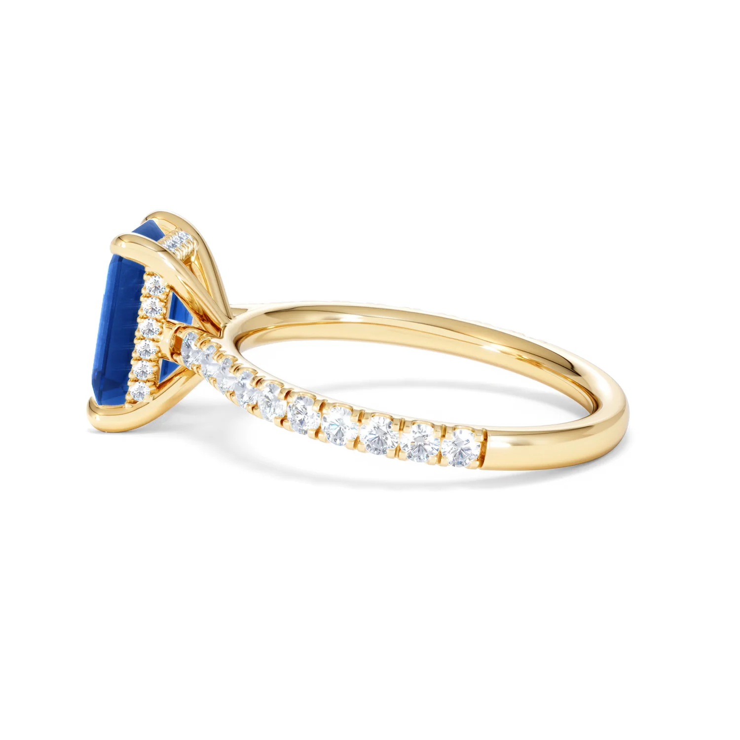 Amora 2.50ct Emerald Cut Lab Sapphire Hidden Halo Engagement Ring with Side Stones in 18K Yellow Gold - Image 66