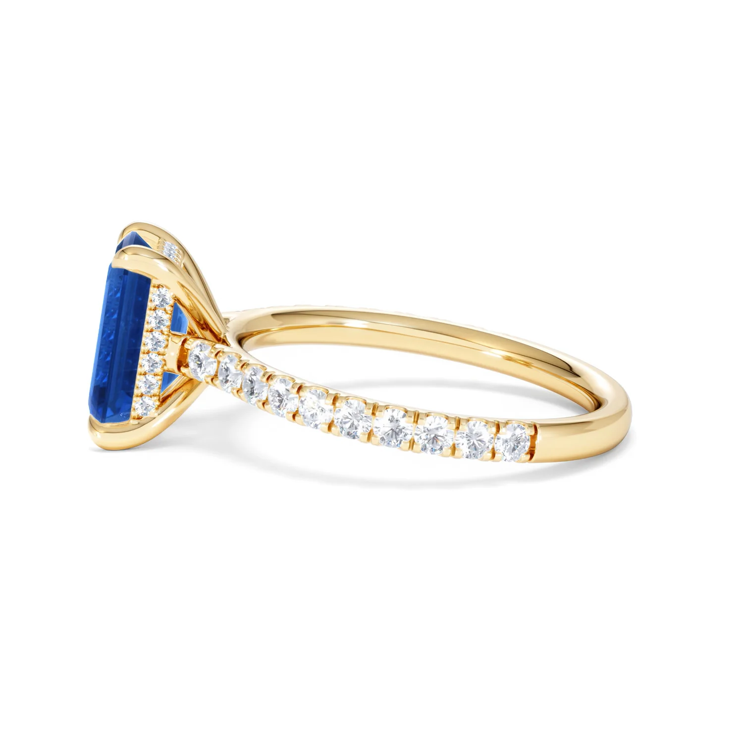 Amora 2.50ct Emerald Cut Lab Sapphire Hidden Halo Engagement Ring with Side Stones in 18K Yellow Gold - Image 69