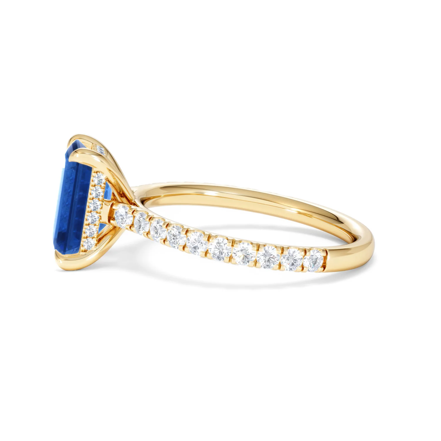 Amora 2.50ct Emerald Cut Lab Sapphire Hidden Halo Engagement Ring with Side Stones in 18K Yellow Gold - Image 70