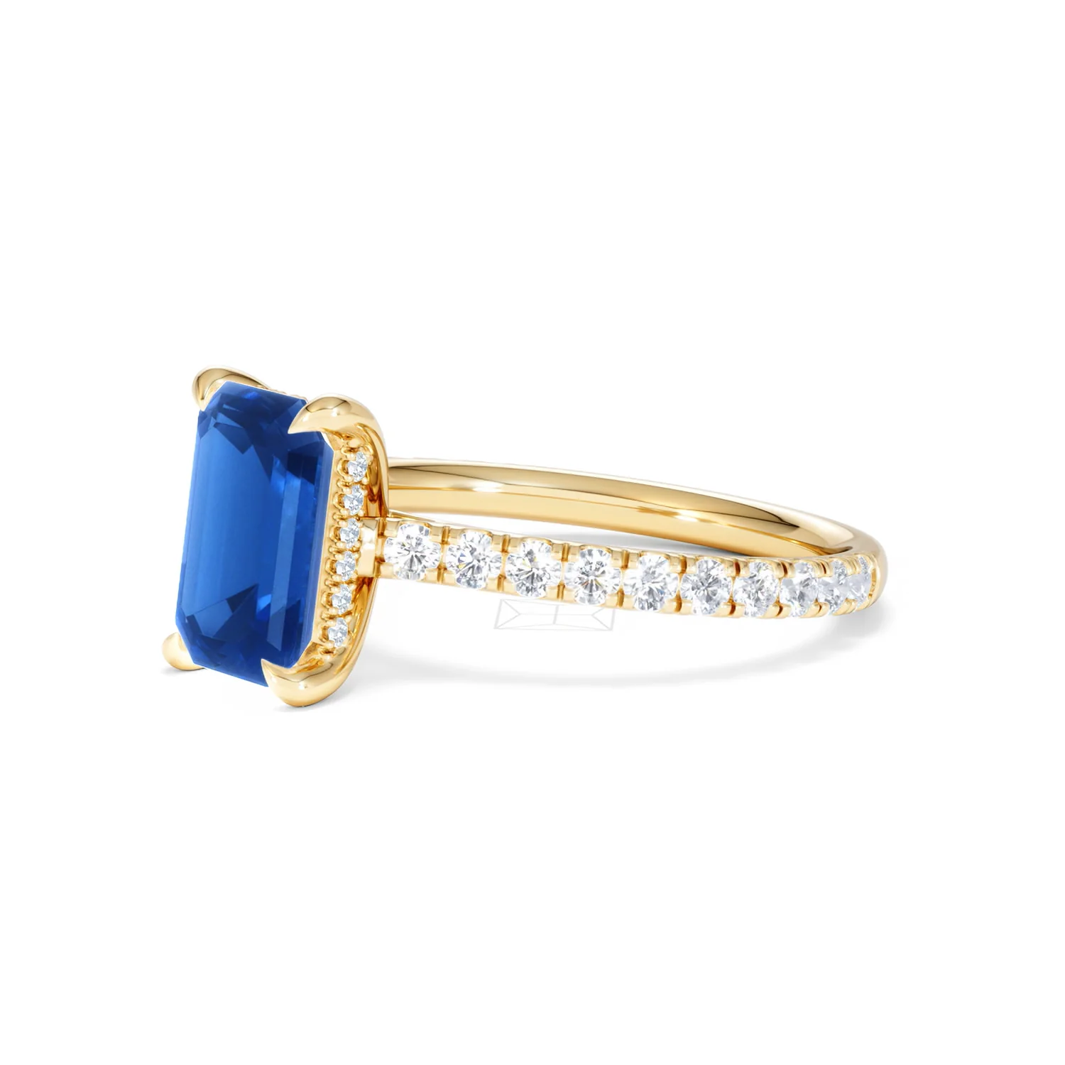 Amora 2.50ct Emerald Cut Lab Sapphire Hidden Halo Engagement Ring with Side Stones in 18K Yellow Gold - Image 78