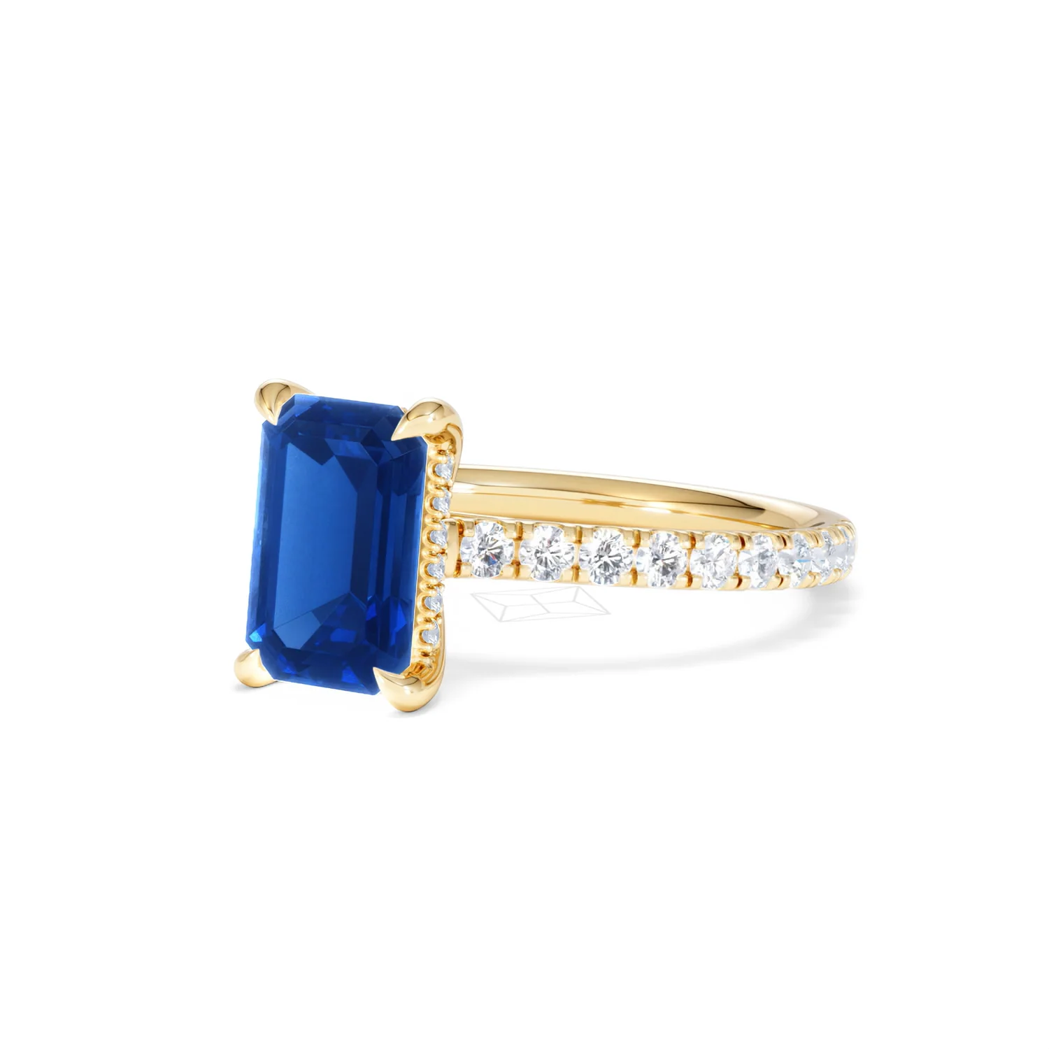 Amora 2.50ct Emerald Cut Lab Sapphire Hidden Halo Engagement Ring with Side Stones in 18K Yellow Gold - Image 82