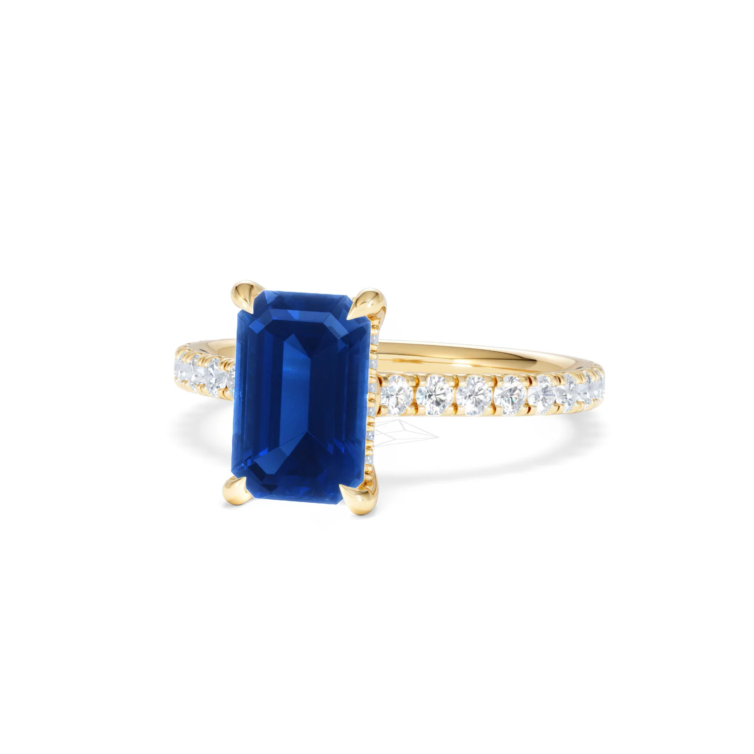 Amora 2.50ct Emerald Cut Lab Sapphire Hidden Halo Engagement Ring with Side Stones in 18K Yellow Gold - Image 85