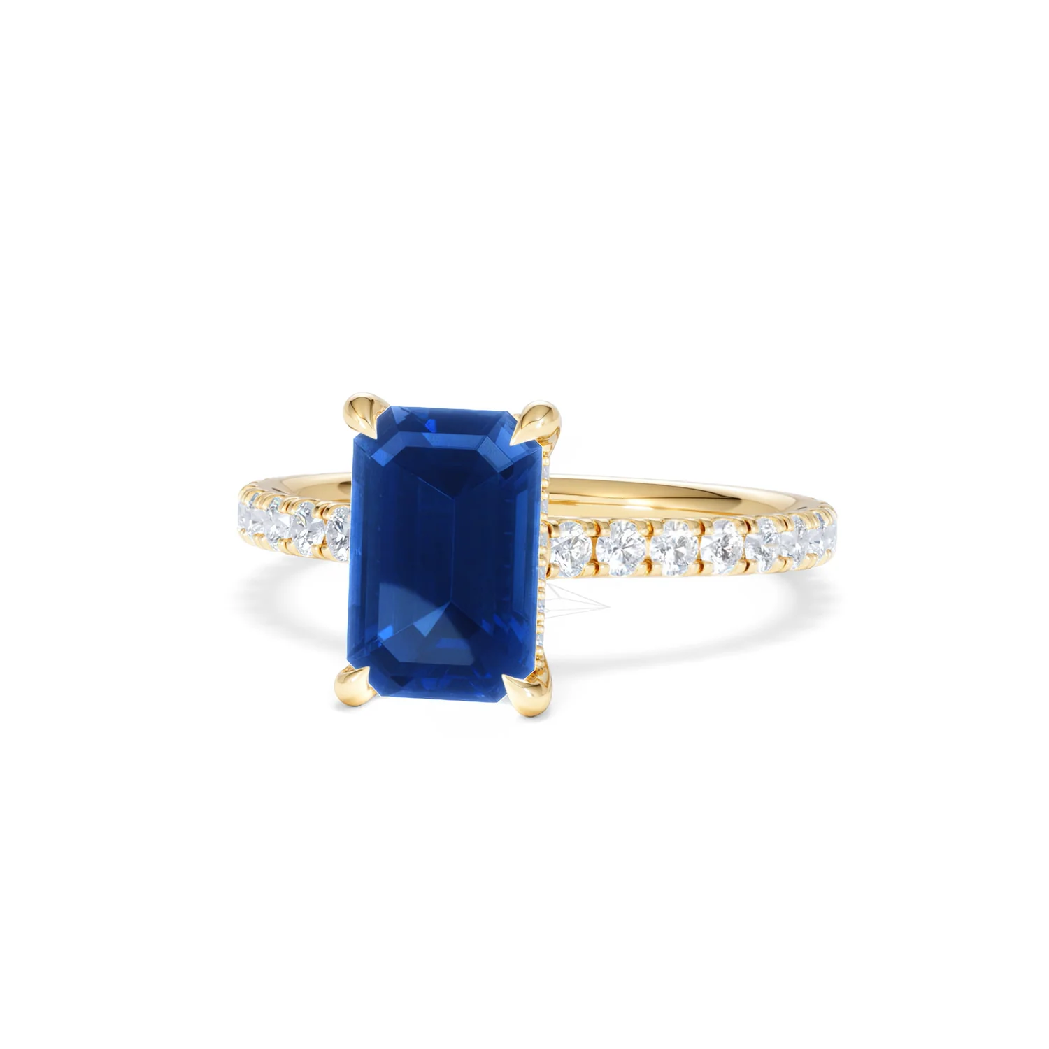 Amora 2.50ct Emerald Cut Lab Sapphire Hidden Halo Engagement Ring with Side Stones in 18K Yellow Gold - Image 86