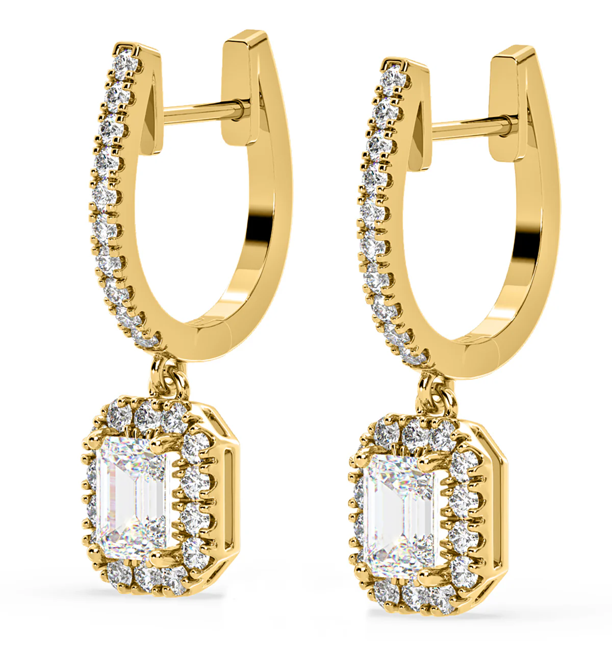 Annabelle Emerald Cut Lab Diamond Halo Drop Earrings 1.48ct in 18K Yellow Gold F/VS1 - Image 3