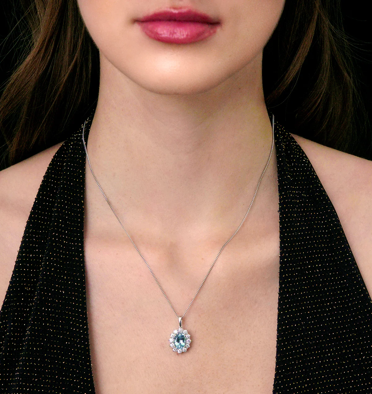 Aquamarine and Diamond Cluster Necklace Pendant 9x7mm 18K White Gold - Image 4
