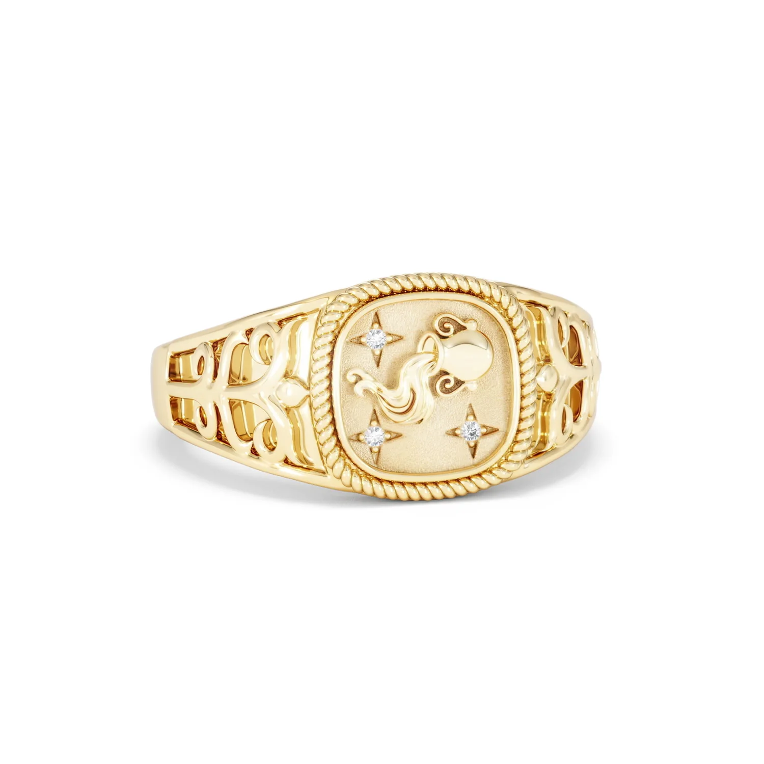 Aquarius Zodiac 0.01ct Lab Diamond Signet Ring in 18K Gold Vermeil - Image 10