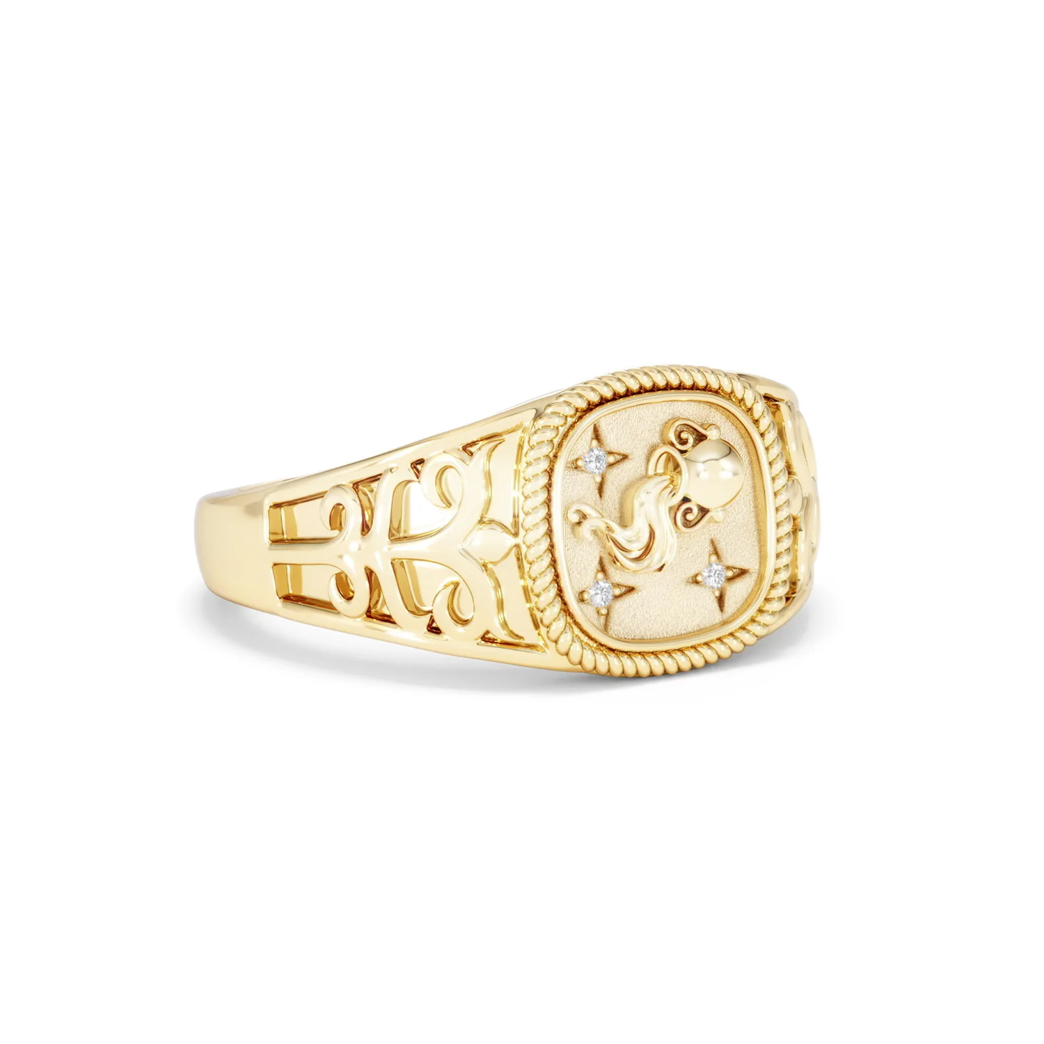 Aquarius Zodiac 0.01ct Lab Diamond Signet Ring in 18K Gold Vermeil - Image 14