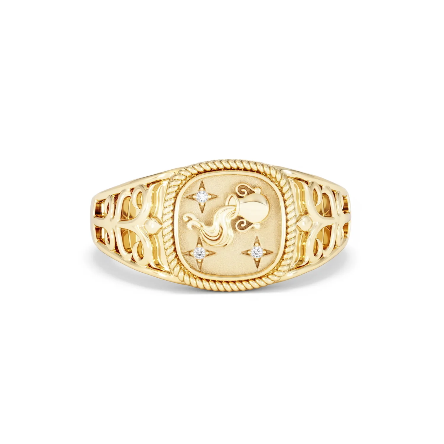 Aquarius Zodiac 0.01ct Lab Diamond Signet Ring in 18K Gold Vermeil - Image 8
