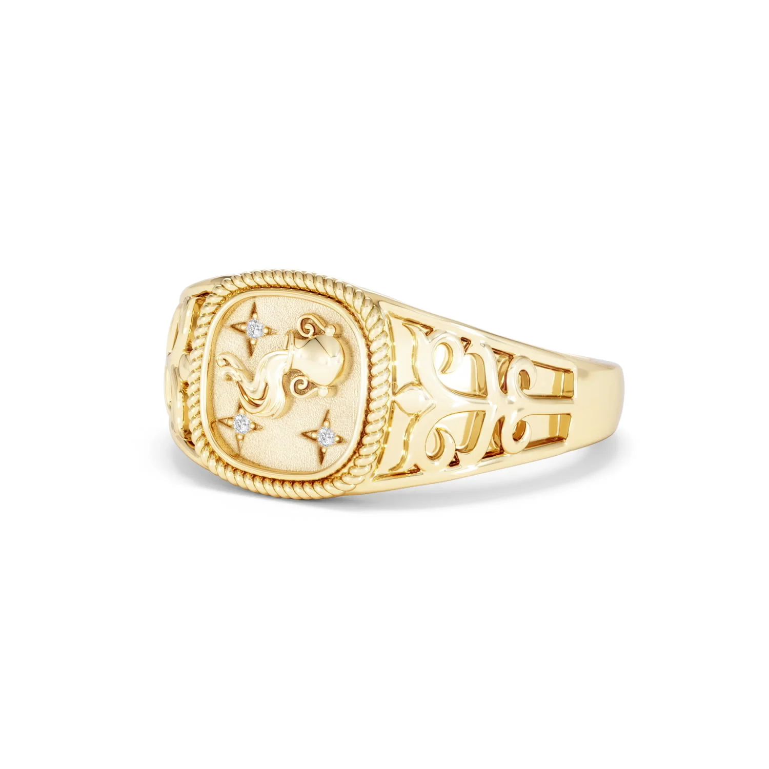 Aquarius Zodiac 0.01ct Lab Diamond Signet Ring in 18K Gold Vermeil - Image 80
