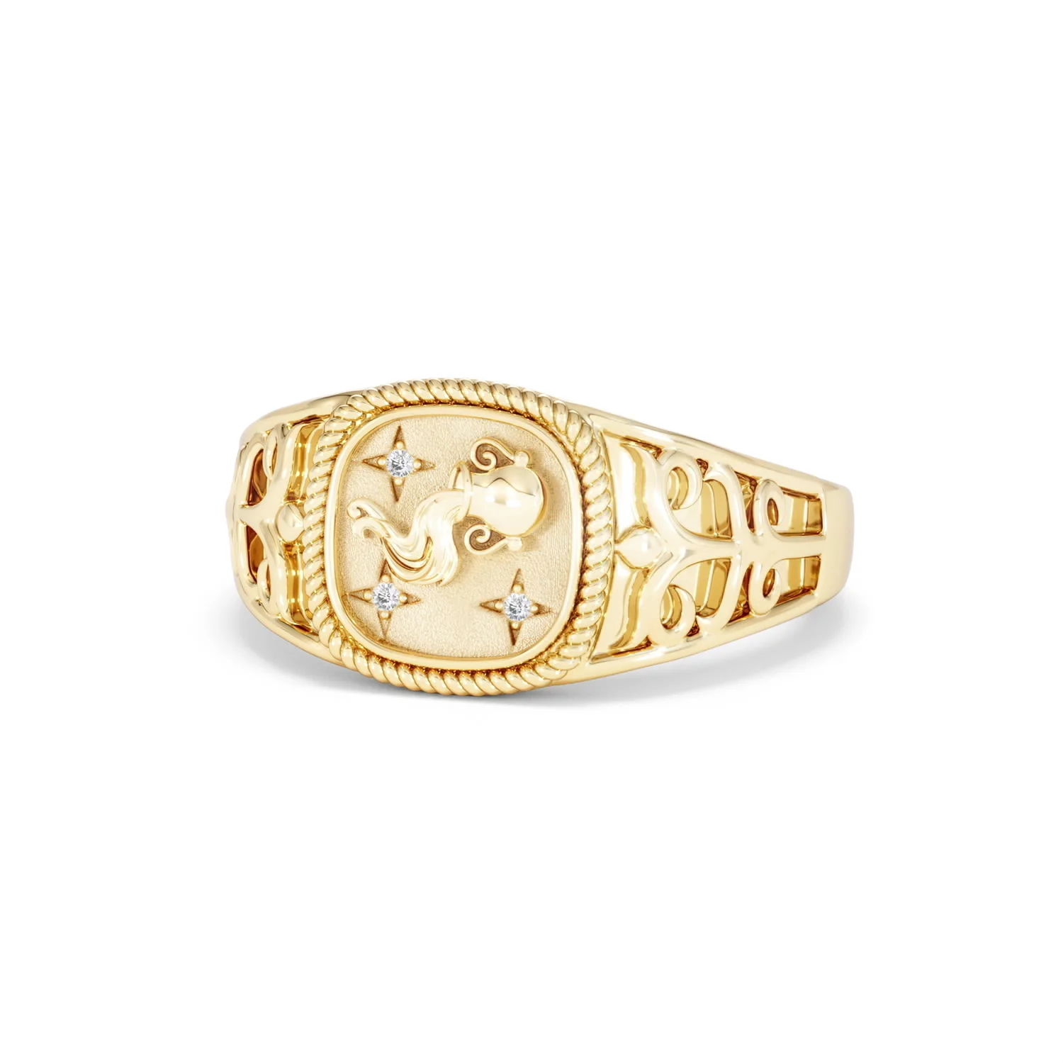 Aquarius Zodiac 0.01ct Lab Diamond Signet Ring in 18K Gold Vermeil - Image 83