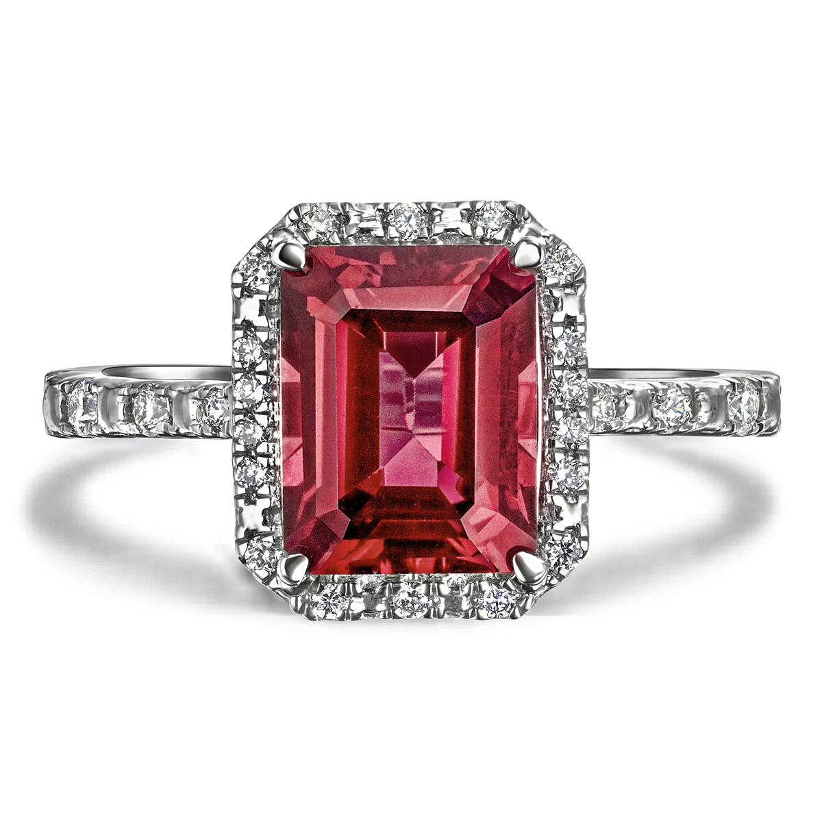 Astra 1.90ct Lab Ruby and Diamond Halo Shoulder Set Octagon Cut Ring in Silver - Image 5
