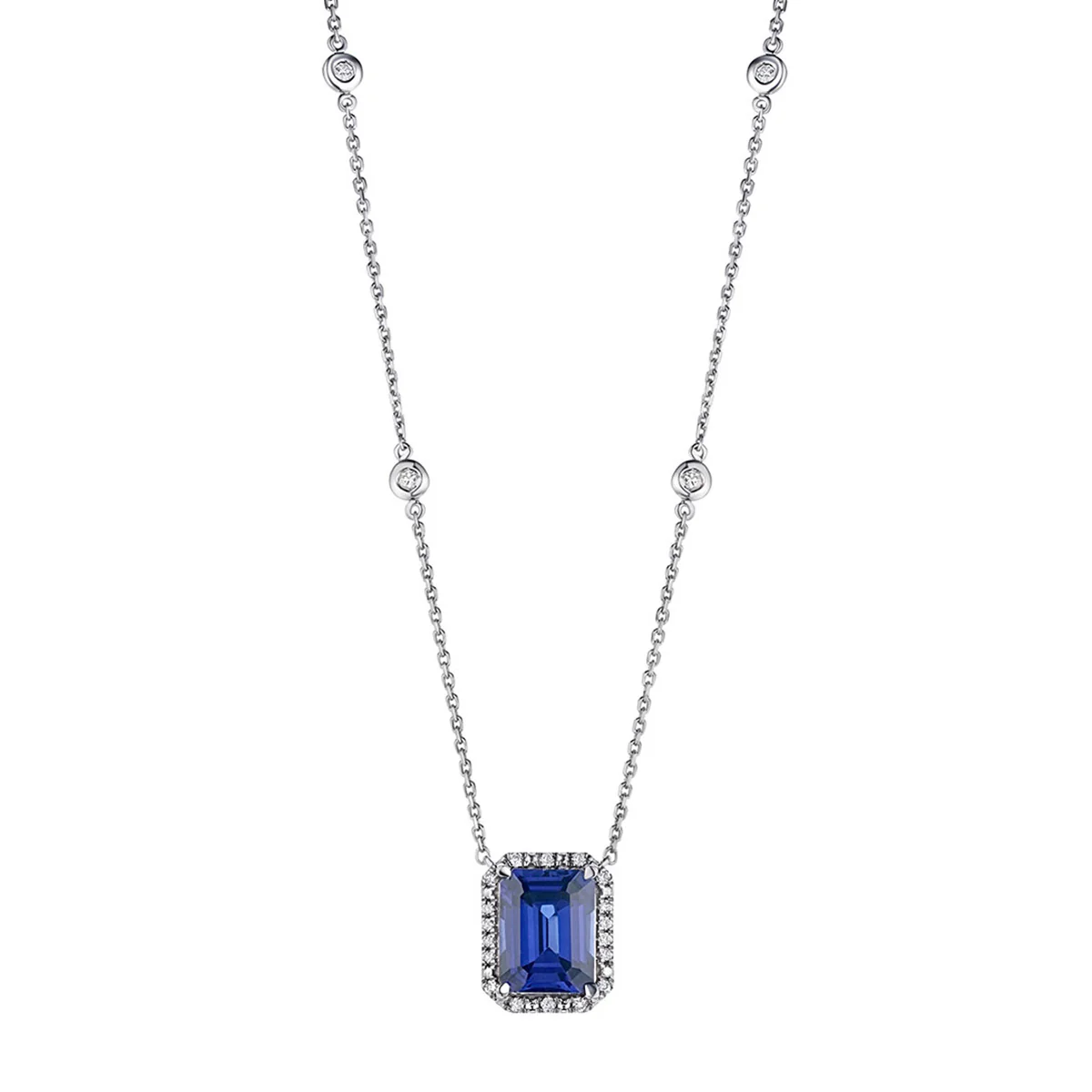 Astra 2.00ct Lab Sapphire and Diamond Halo Octagon Cut Necklace in Silver - Image 3