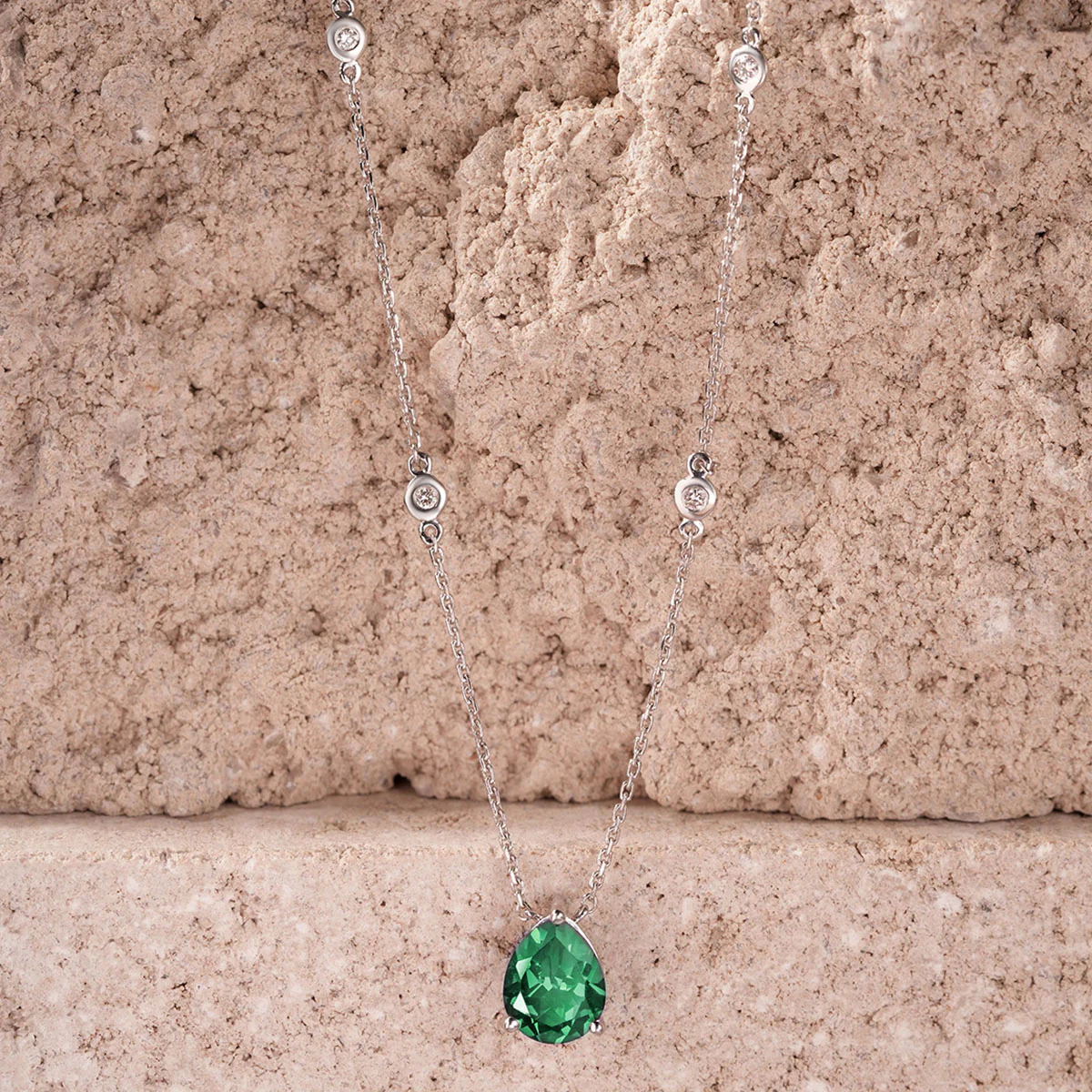 Astra 2.40ct Lab Emerald and Diamond Solitaire Pear Cut Necklace in Silver - Image 6