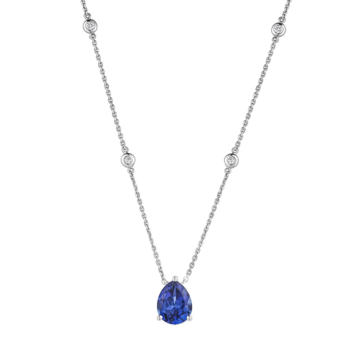 Astra 3.20ct Lab Sapphire and Diamond Solitaire Pear Cut Necklace in Silver - Image 3