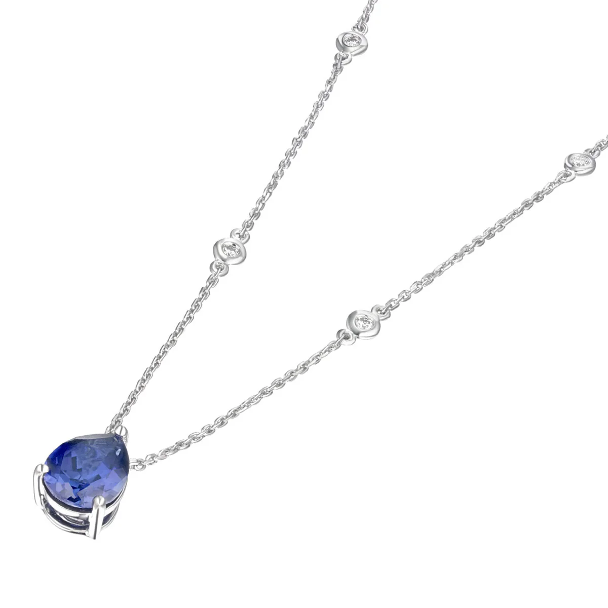 Astra 3.20ct Lab Sapphire and Diamond Solitaire Pear Cut Necklace in Silver - Image 5