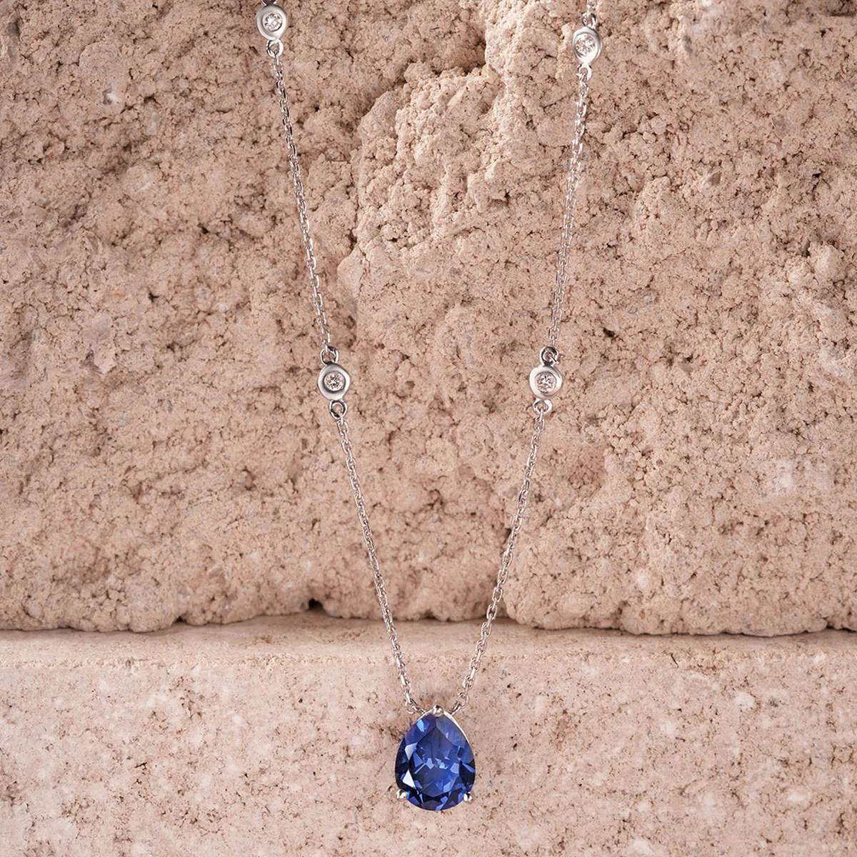 Astra 3.20ct Lab Sapphire and Diamond Solitaire Pear Cut Necklace in Silver - Image 6