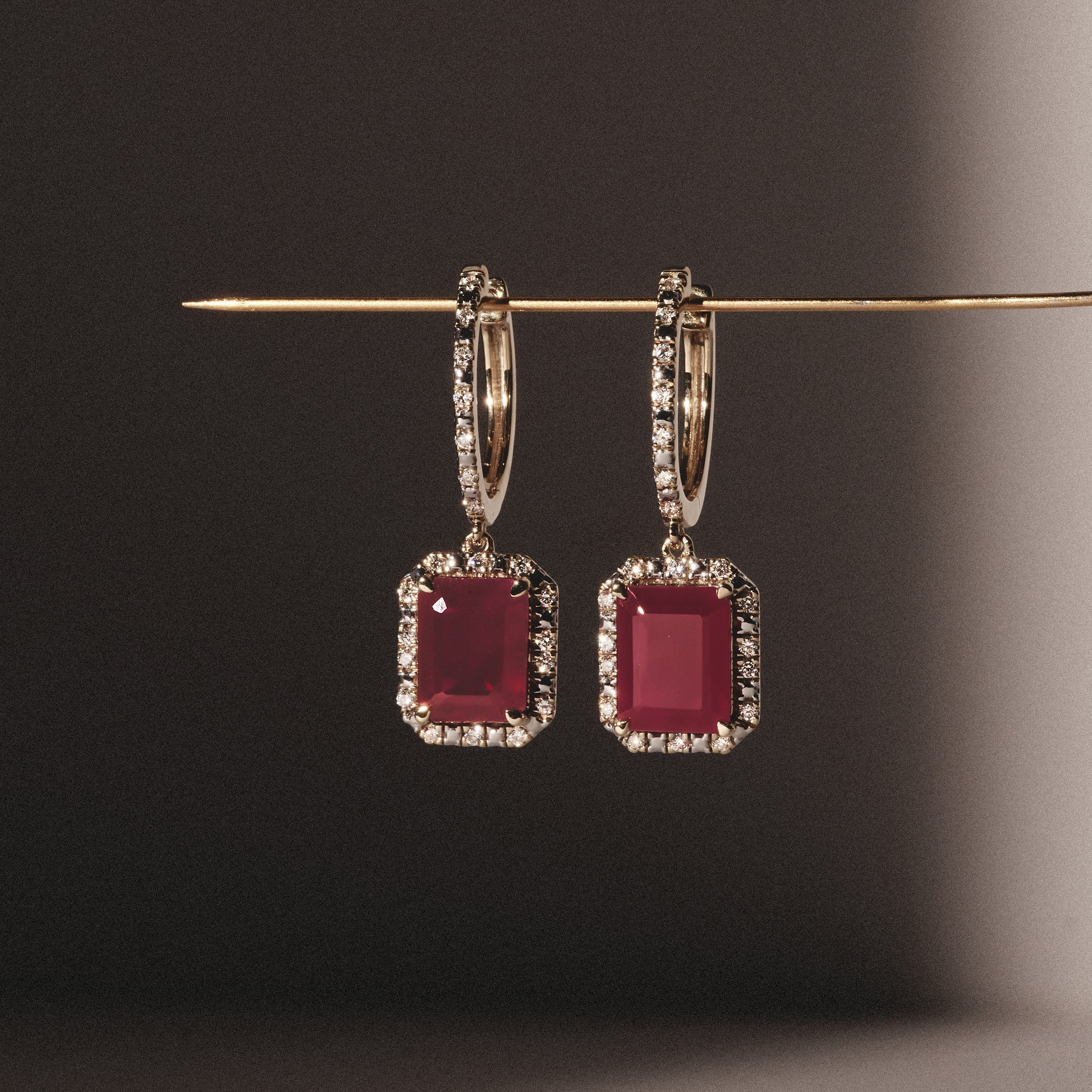 Astra 3.50ct Lab Ruby and Diamond Drop Halo Octagon Cut Earrings in 18K Gold Vermeil - Image 4