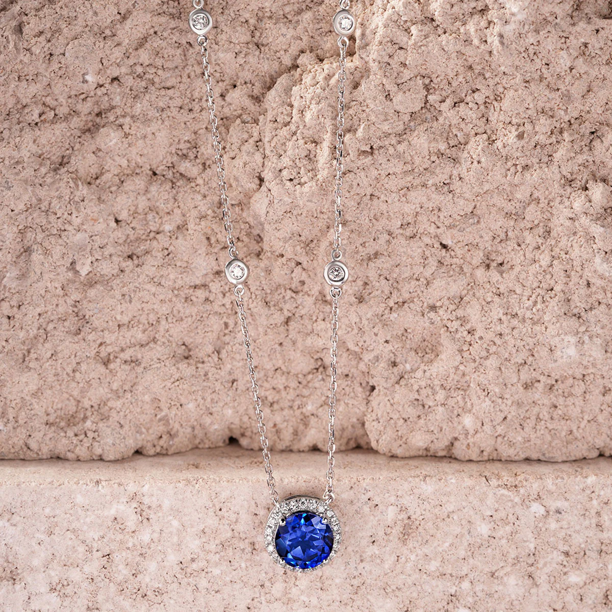 Astra 3.50ct Lab Sapphire and Diamond Halo Round Cut Necklace in Silver - Image 6