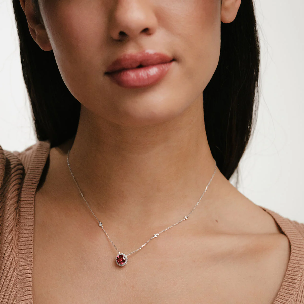 Astra 3.60ct Lab Ruby and Diamond Halo Round Cut Necklace in Silver - Image 4