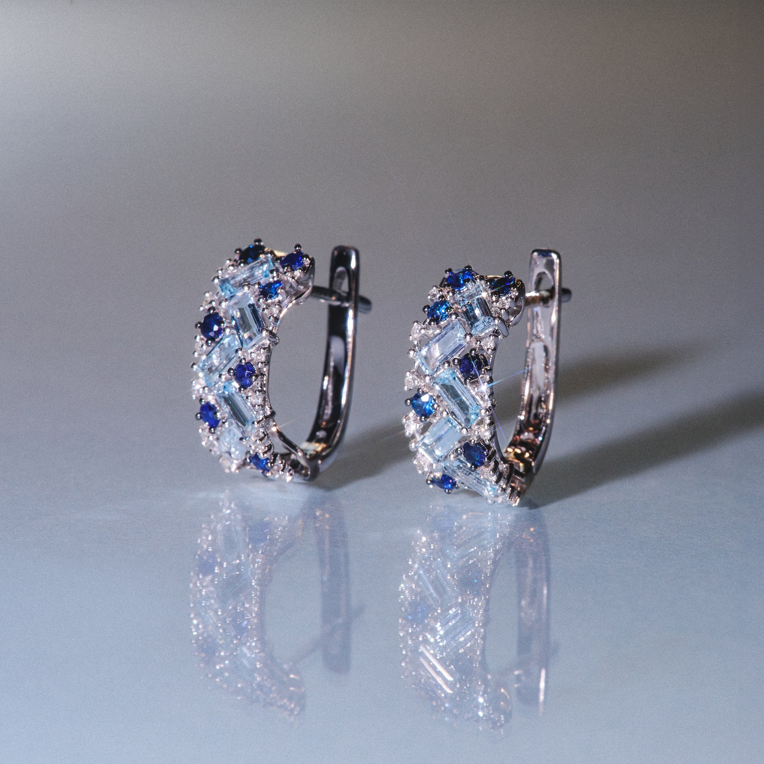 Blue Topaz Sapphire and Diamond Stellato Earrings in 9K White Gold - Image 5