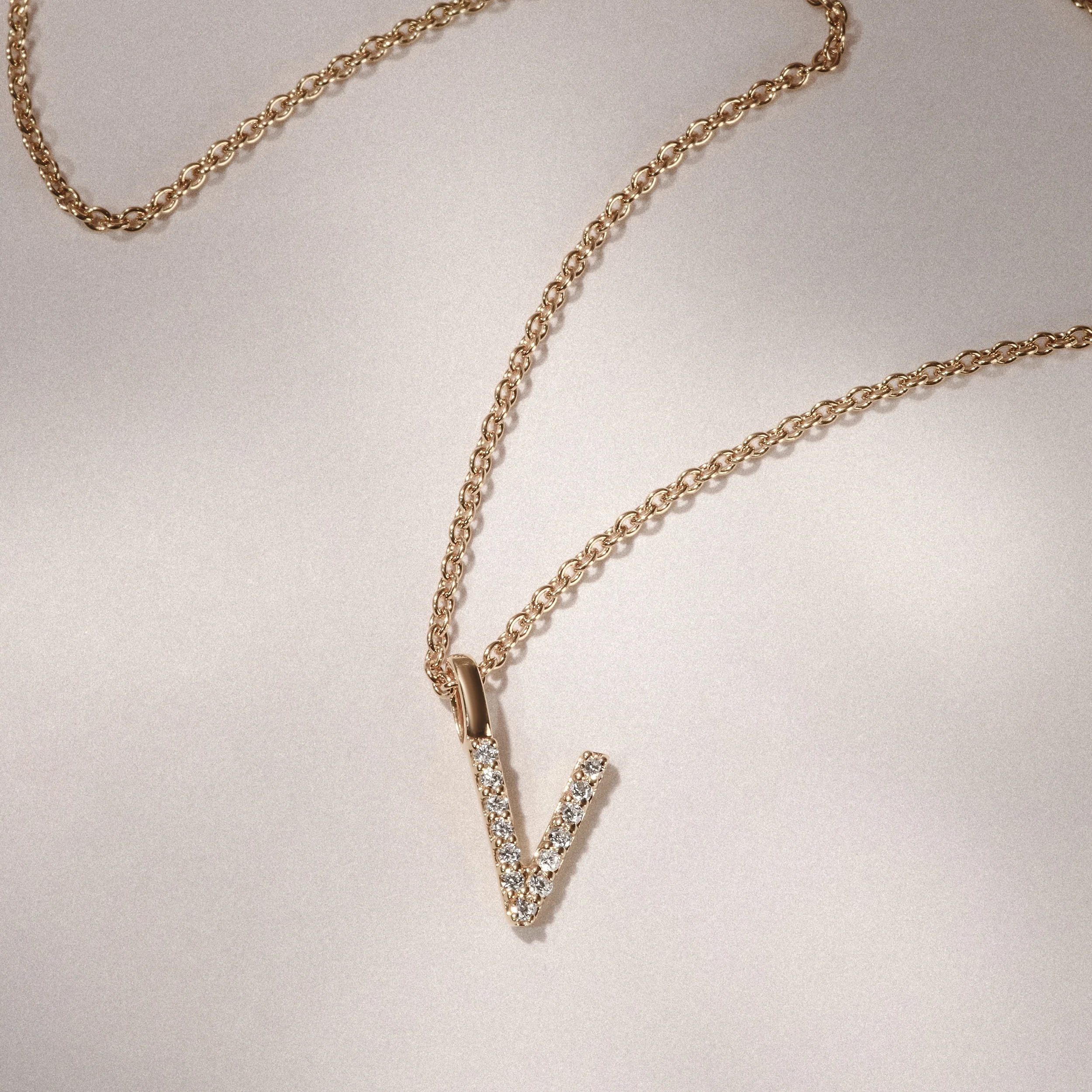 Love Letter Initial V Lab Diamond Necklace set in 9K Yellow Gold - Image 3