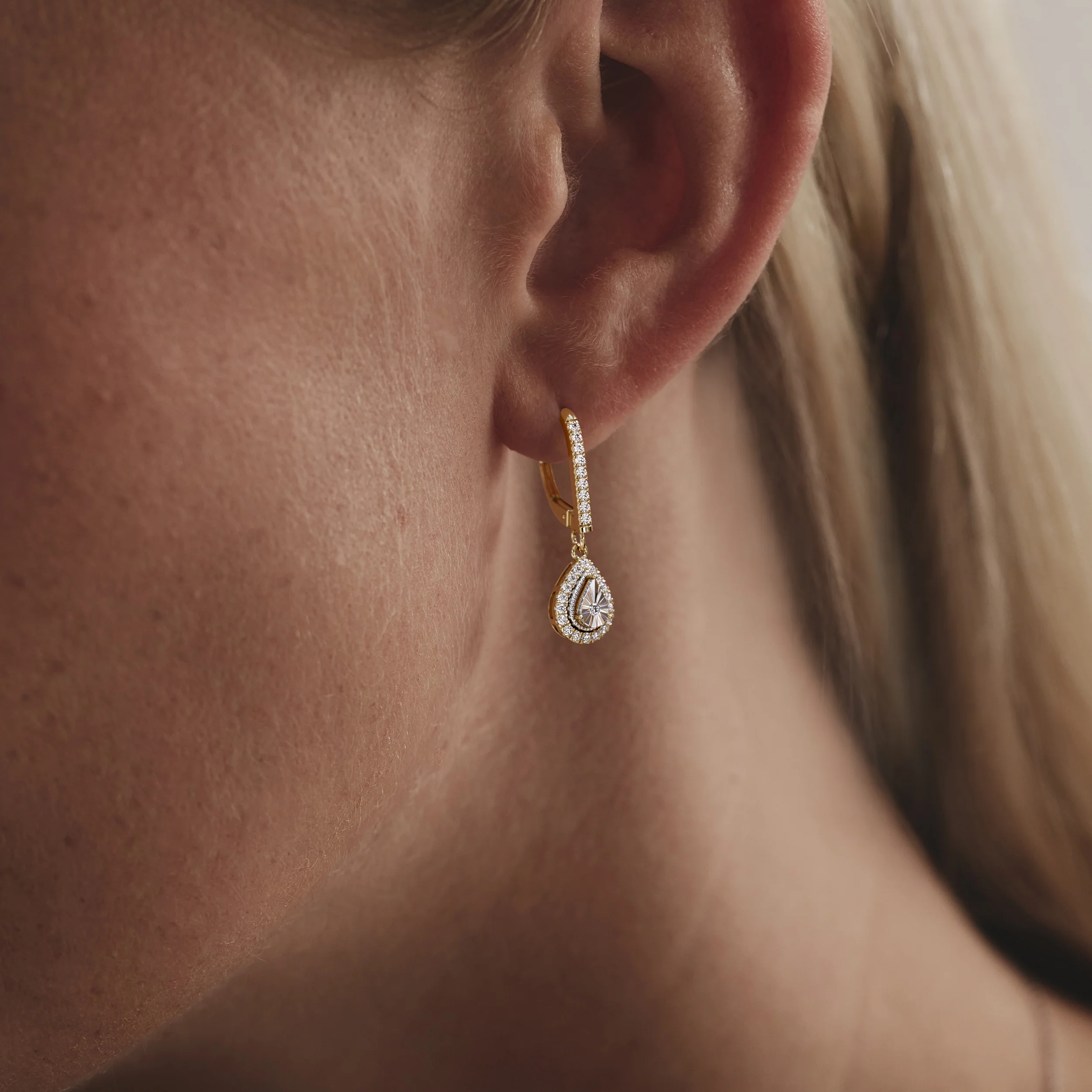 Masami Diamond Pear Halo Earrings 0.20ct Pave Set in 9K Yellow Gold - Image 4