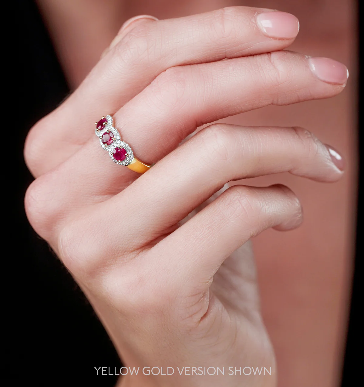 Ruby and Lab Diamond Halo Trilogy Ring in 9KW Gold - Asteria - Image 2