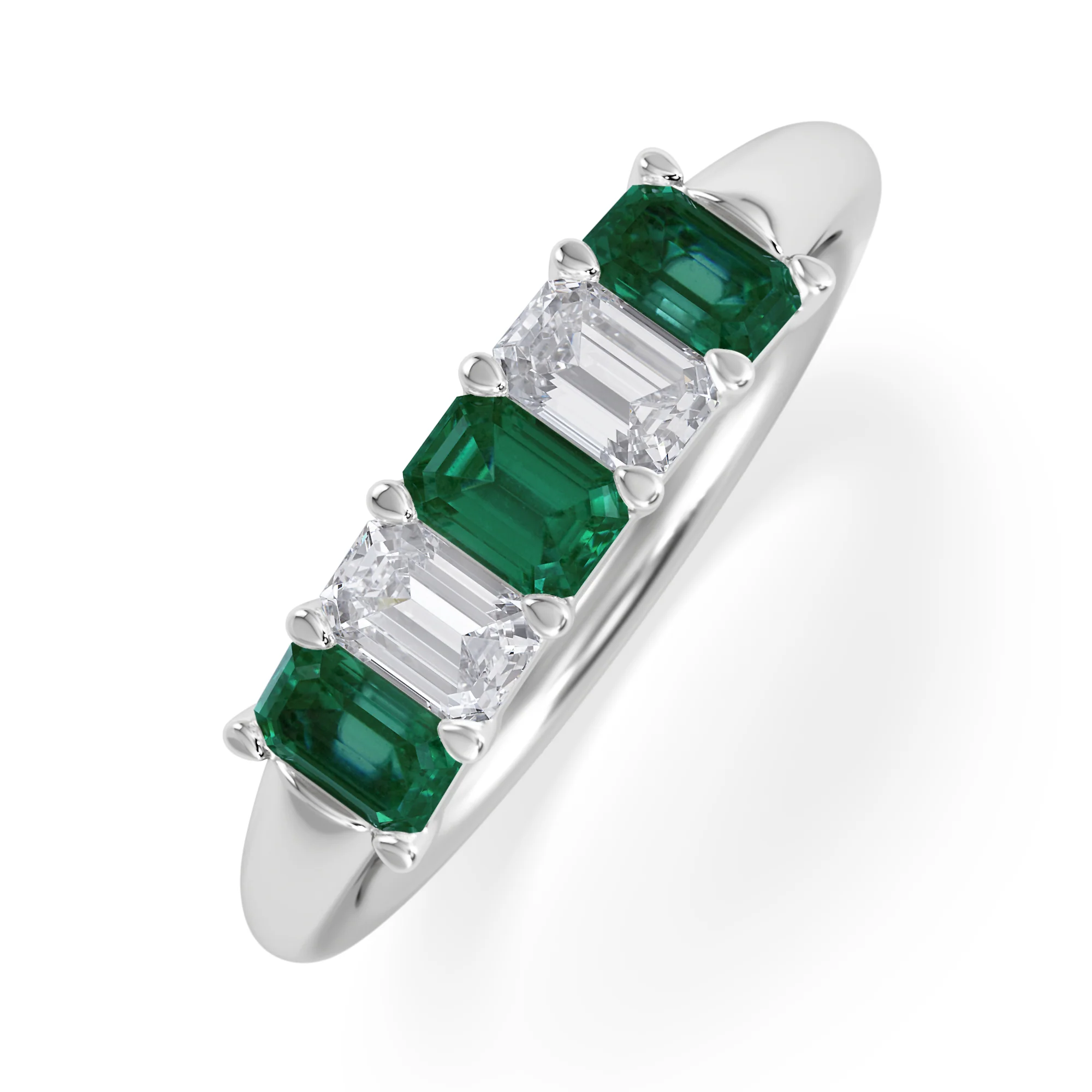 Solene 0.75ct Emerald Cut Lab Emerald and Lab Diamond Half Eternity Ring in 18K White Gold