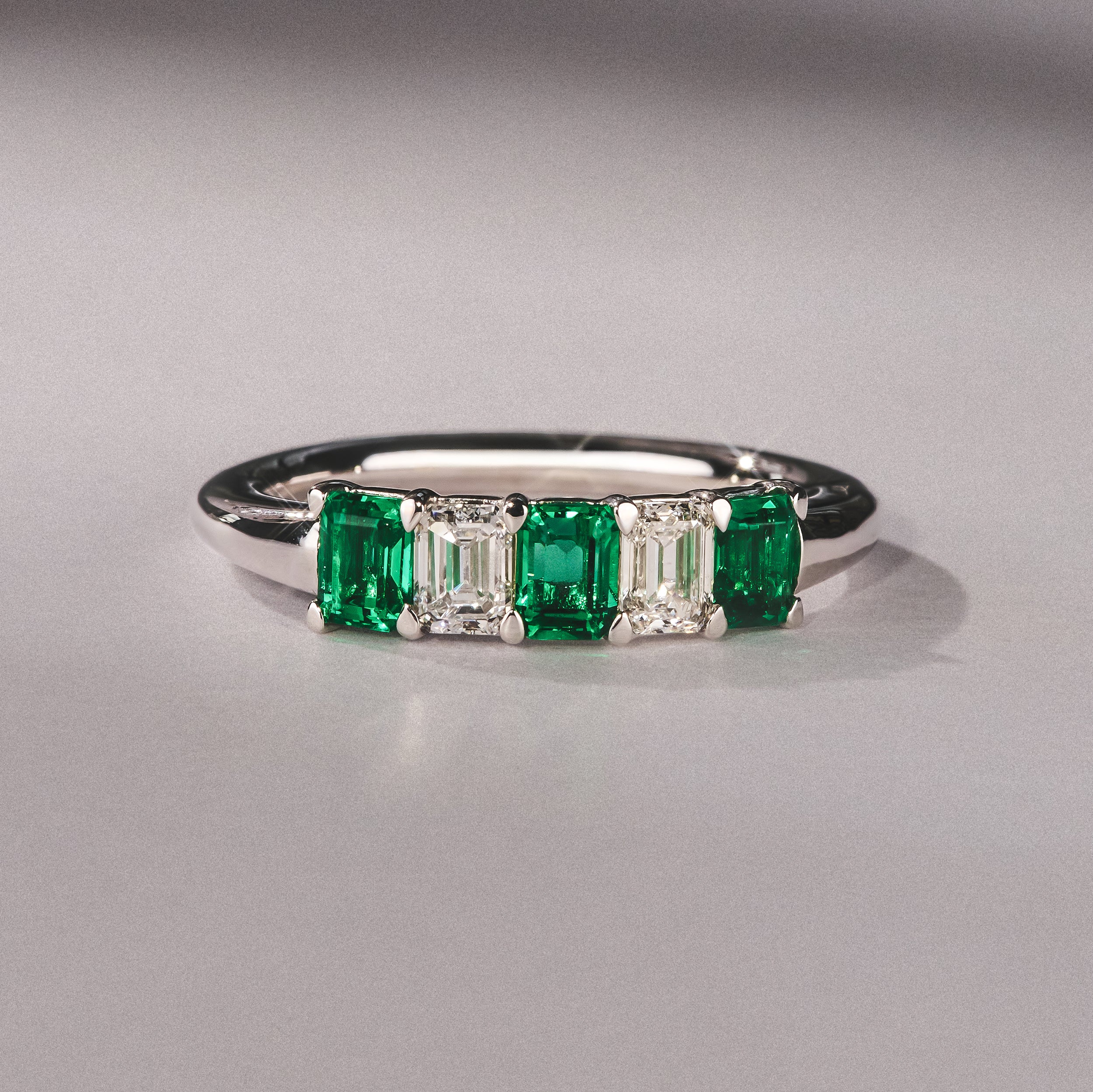 Solene 0.75ct Emerald Cut Lab Emerald and Lab Diamond Half Eternity Ring in 18K White Gold - Image 6