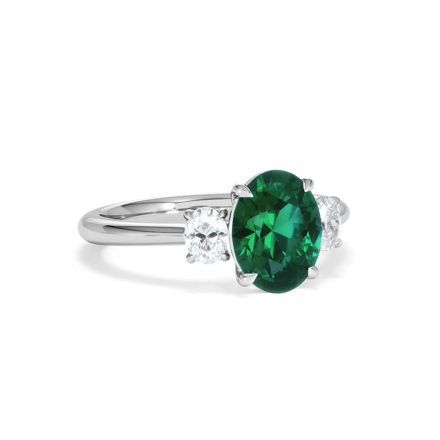 Solene 2.00ct Oval Cut Lab Emerald and Lab Diamond 3 Stone Engagement Ring in 18K White Gold - Image 14