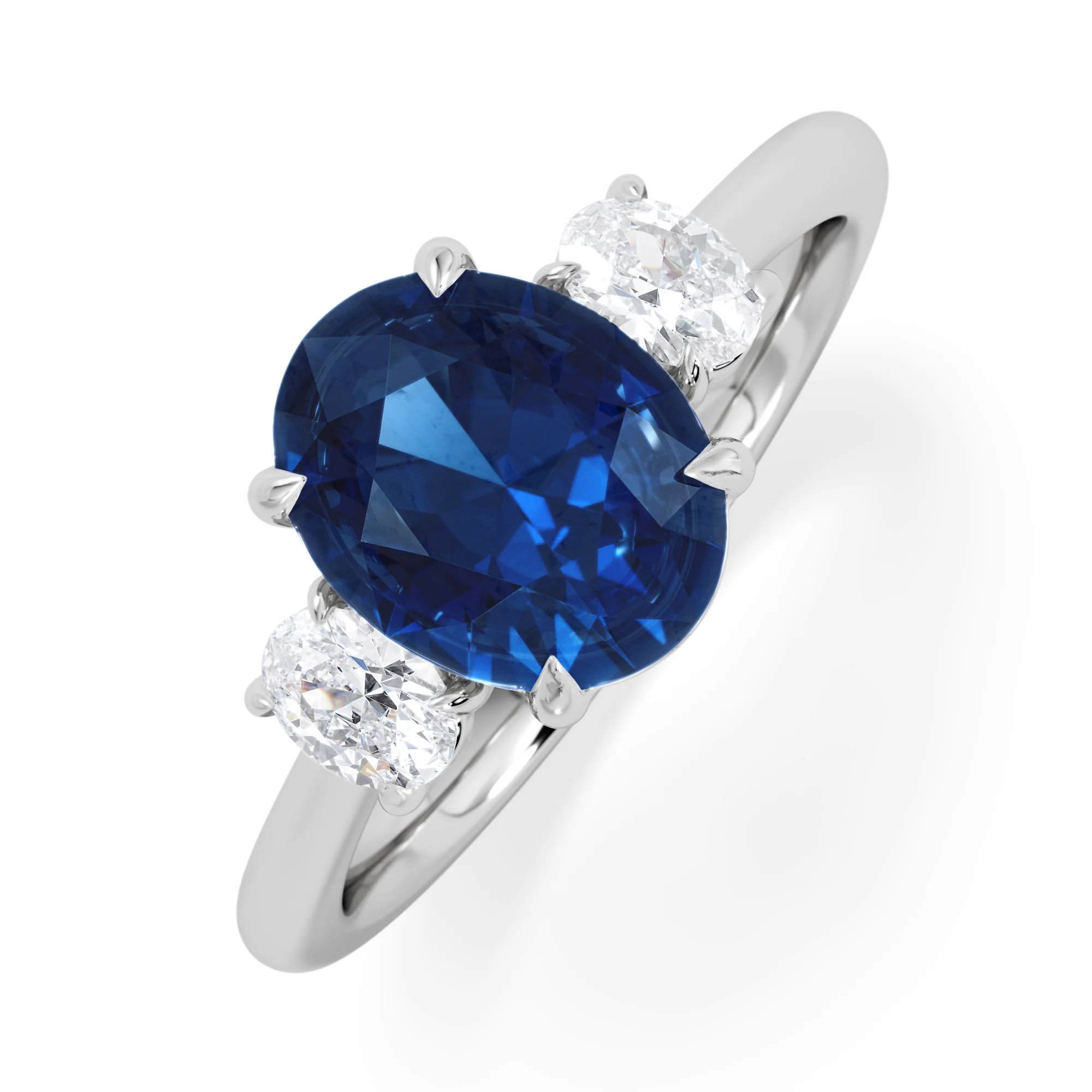 Solene 2.00ct Oval Cut Lab Sapphire and Lab Diamond 3 Stone Engament Ring in 18K White Gold