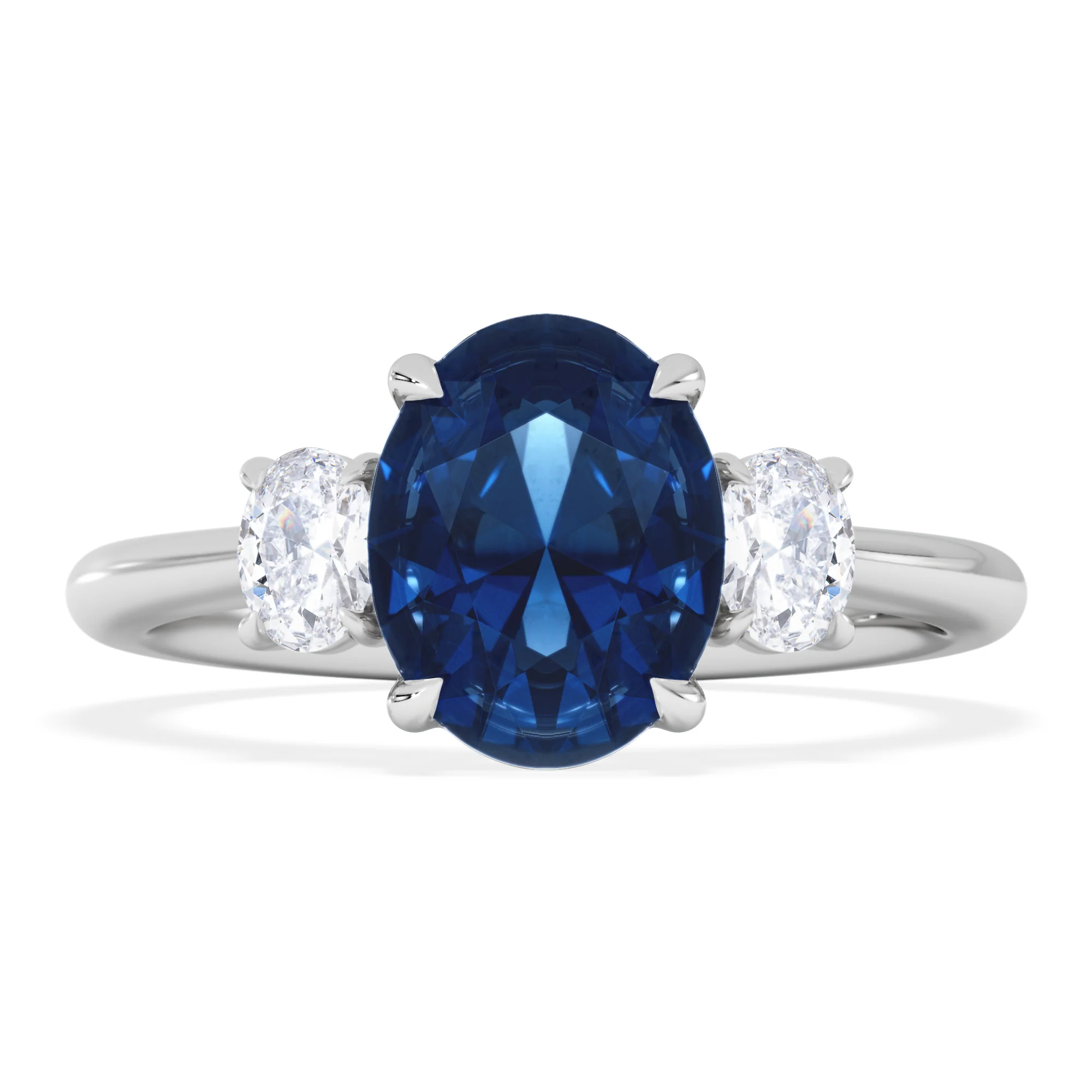Solene 2.00ct Oval Cut Lab Sapphire and Lab Diamond 3 Stone Engament Ring in 18K White Gold - Image 3