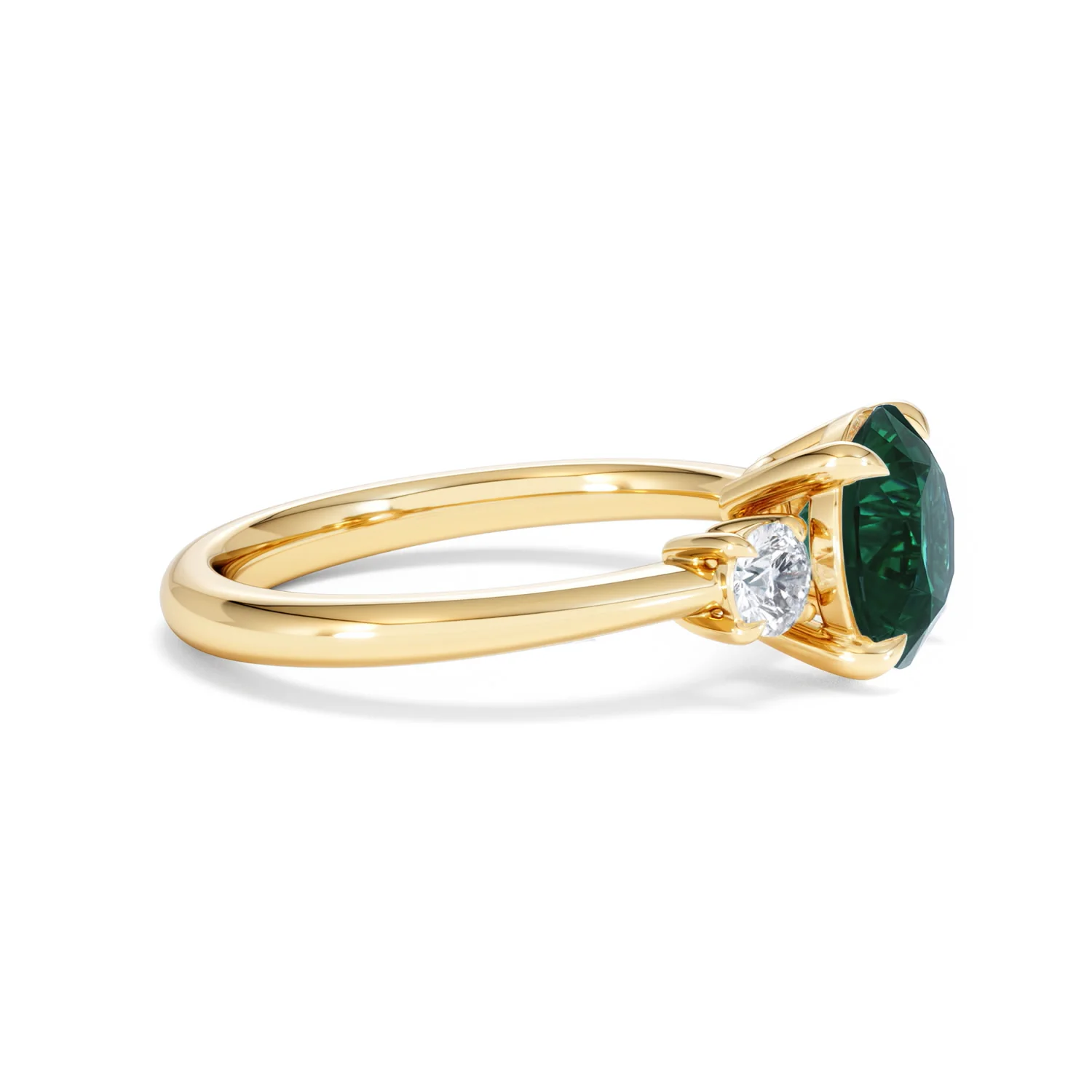 Solene 2.00ct Round Cut Lab Emerald and Lab Diamond 3 Stone Engagement Ring in 18K Yellow Gold - Image 25