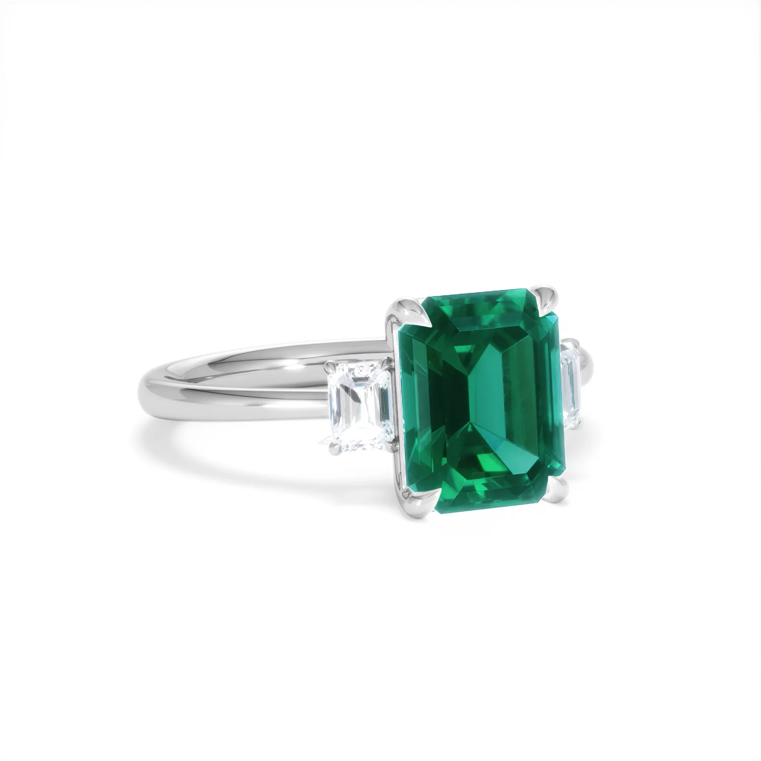 Solene 2.50ct Emerald Cut Lab Emerald and Lab Diamond 3 Stone Engagement Ring in 18K White Gold - Image 14