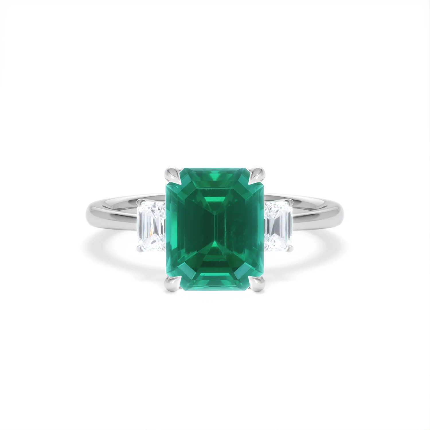 Solene 2.50ct Emerald Cut Lab Emerald and Lab Diamond 3 Stone Engagement Ring in 18K White Gold - Image 9