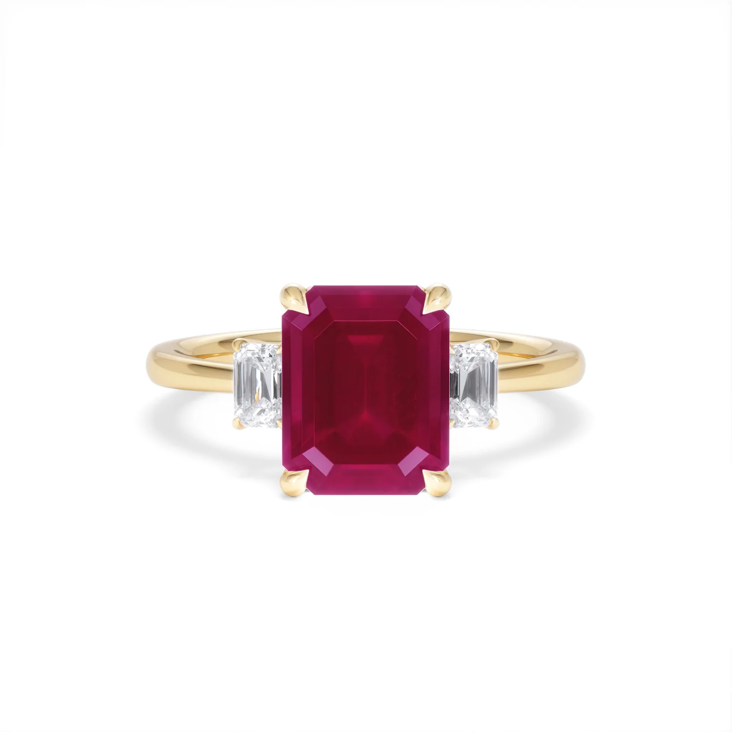 Solene 2.50ct Emerald Cut Lab Ruby and Lab Diamond 3 Stone Engagement Ring in 18K Yellow Gold - Image 9