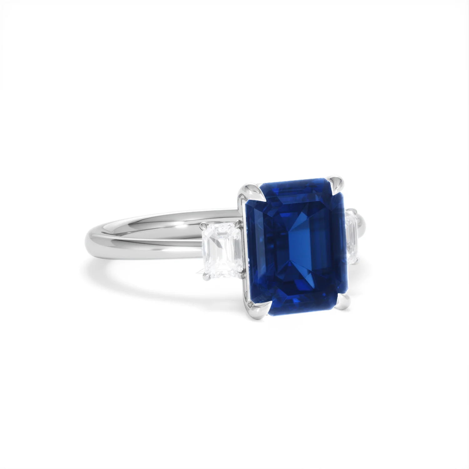 Solene 2.50ct Emerald Cut Lab Sapphire and Lab Diamond 3 Stone Engament Ring in 18K White Gold - Image 14