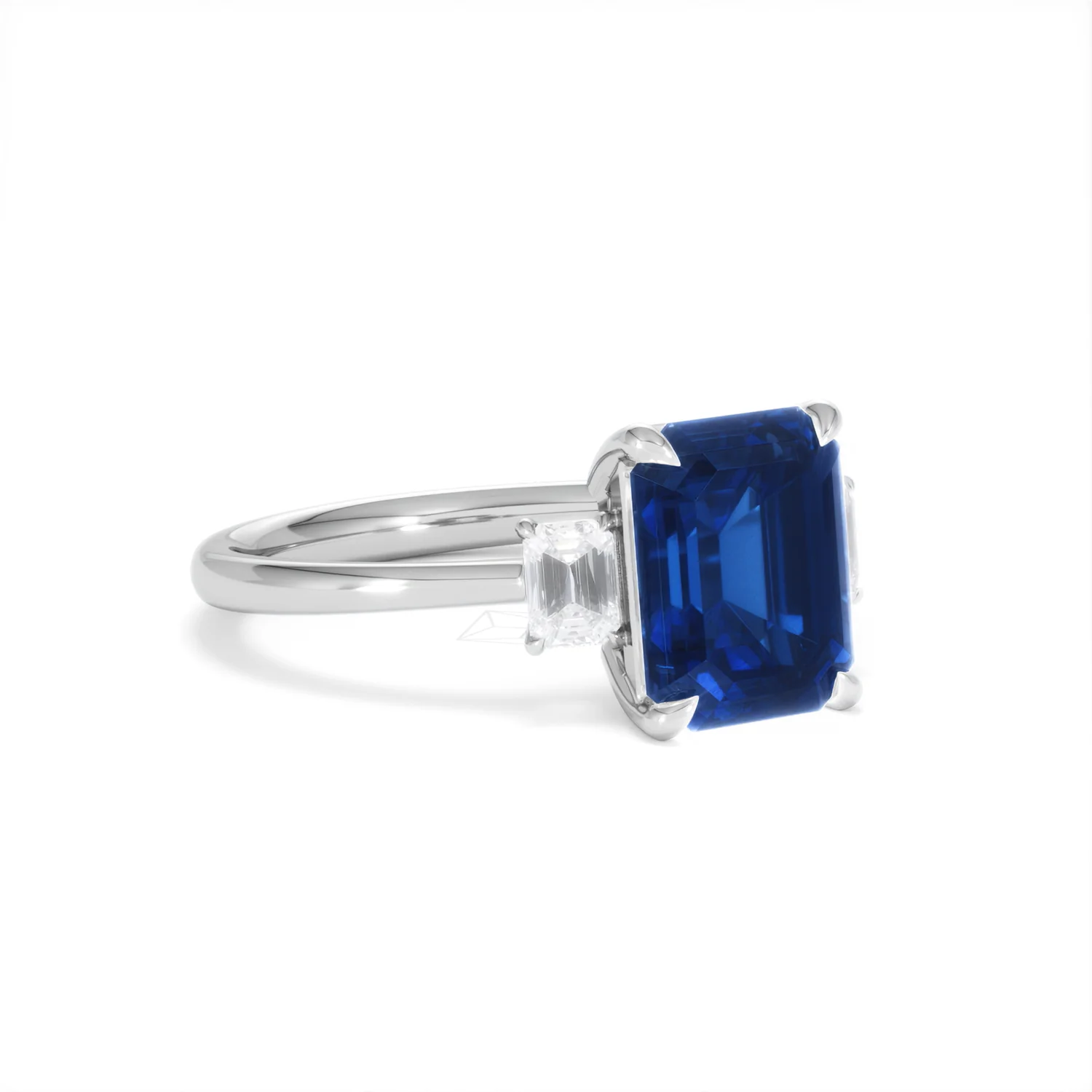 Solene 2.50ct Emerald Cut Lab Sapphire and Lab Diamond 3 Stone Engament Ring in 18K White Gold - Image 16