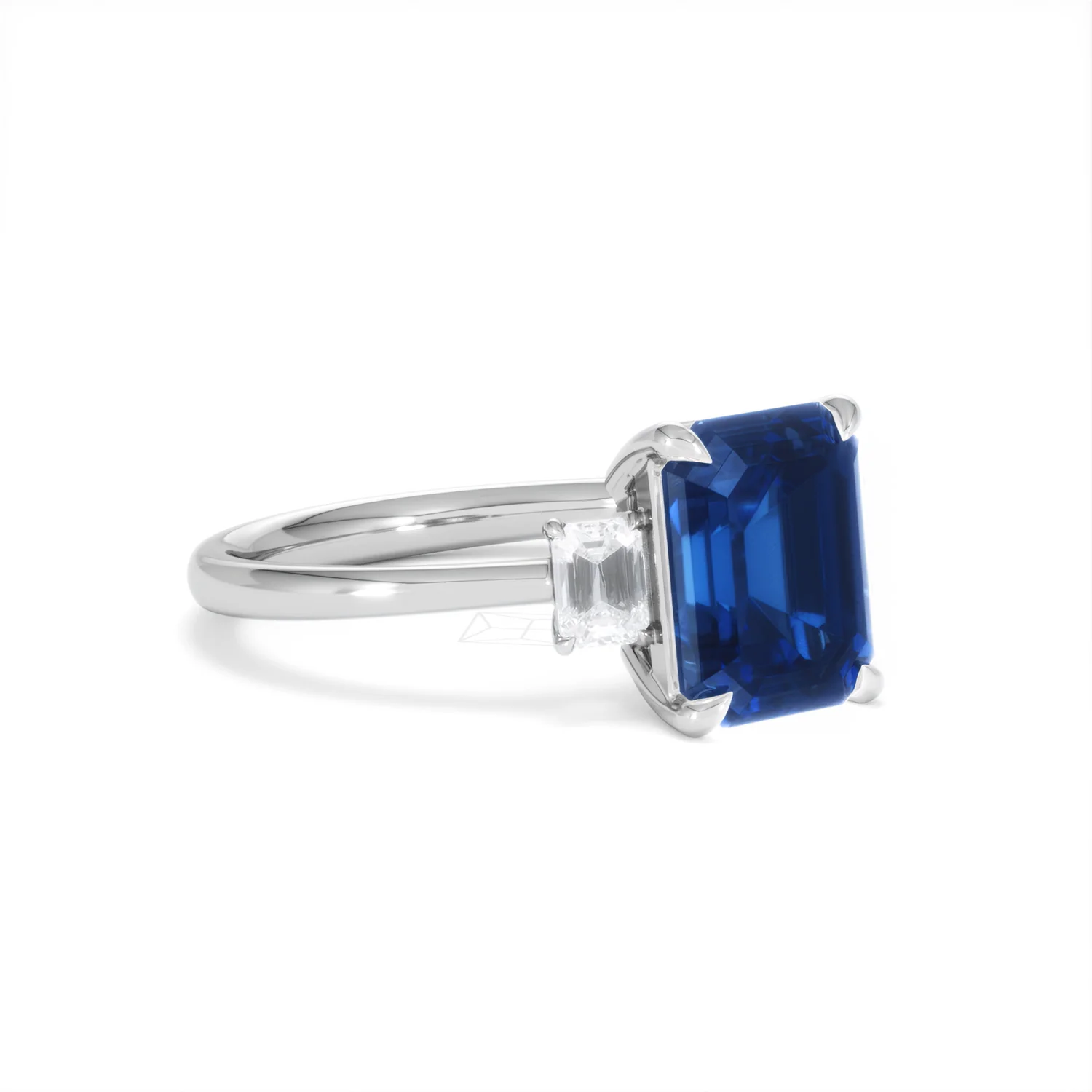 Solene 2.50ct Emerald Cut Lab Sapphire and Lab Diamond 3 Stone Engament Ring in 18K White Gold - Image 17